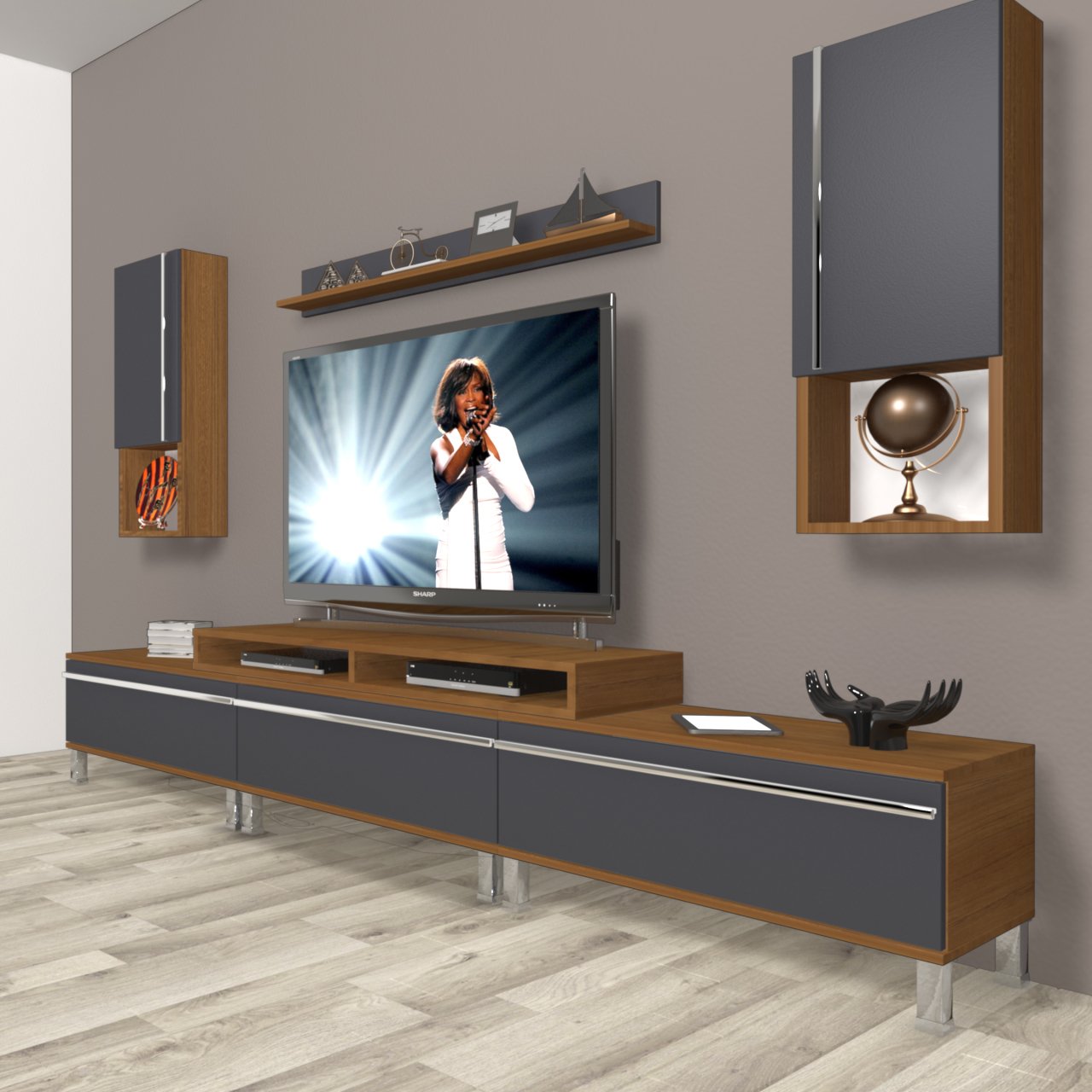 Decoraktiv Ekoflex 270TA Mdf Krom Ayaklı Tv Ünitesi Tv Sehpası Ceviz - Antrasit