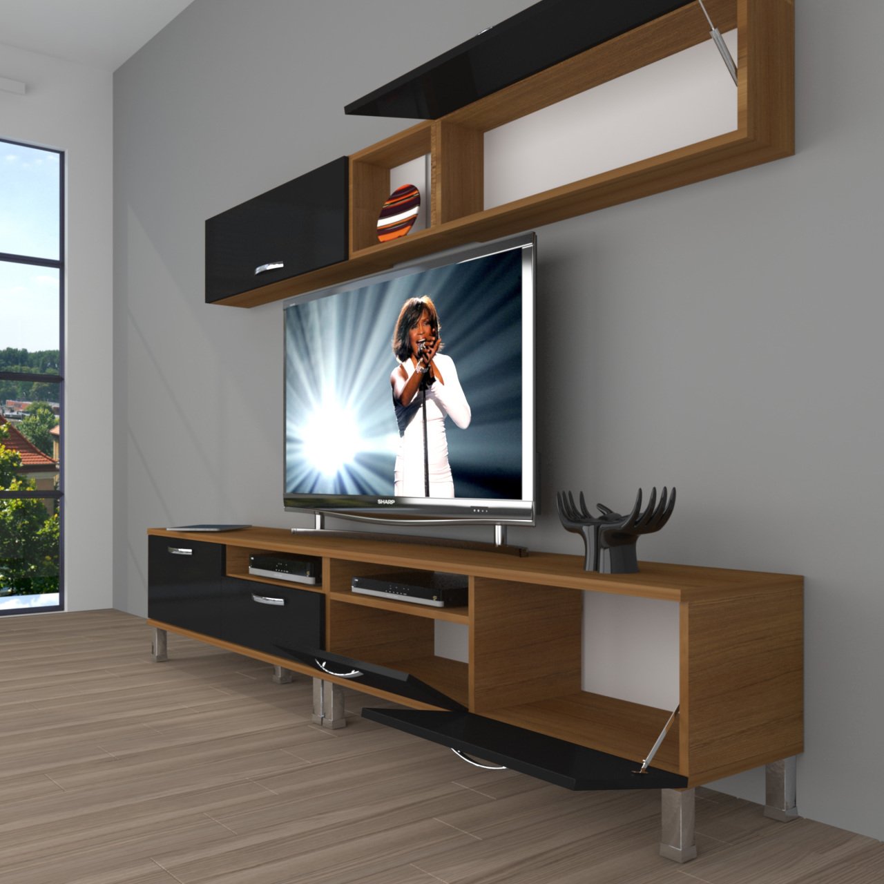 Decoraktiv Eko 5200 Mdf Krom Ayaklı Tv Ünitesi Tv Sehpası Ceviz - Siyah