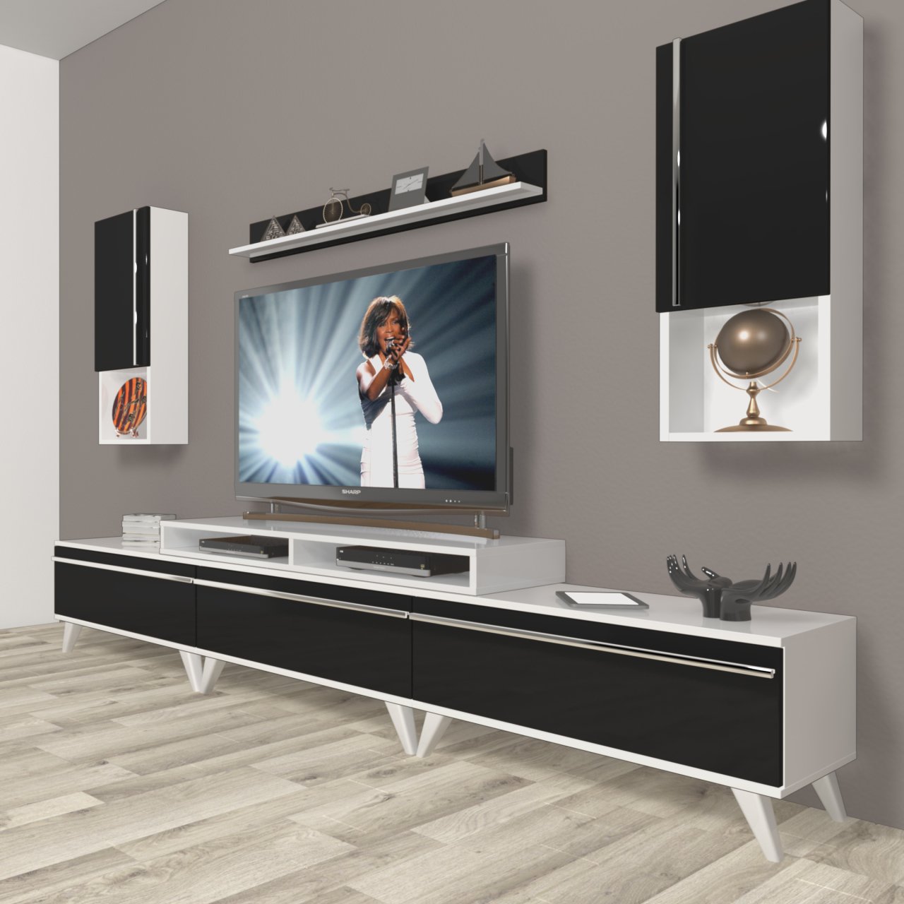 Decoraktiv Ekoflex 270TA Mdf Retro Tv Ünitesi Tv Sehpası Beyaz - Siyah