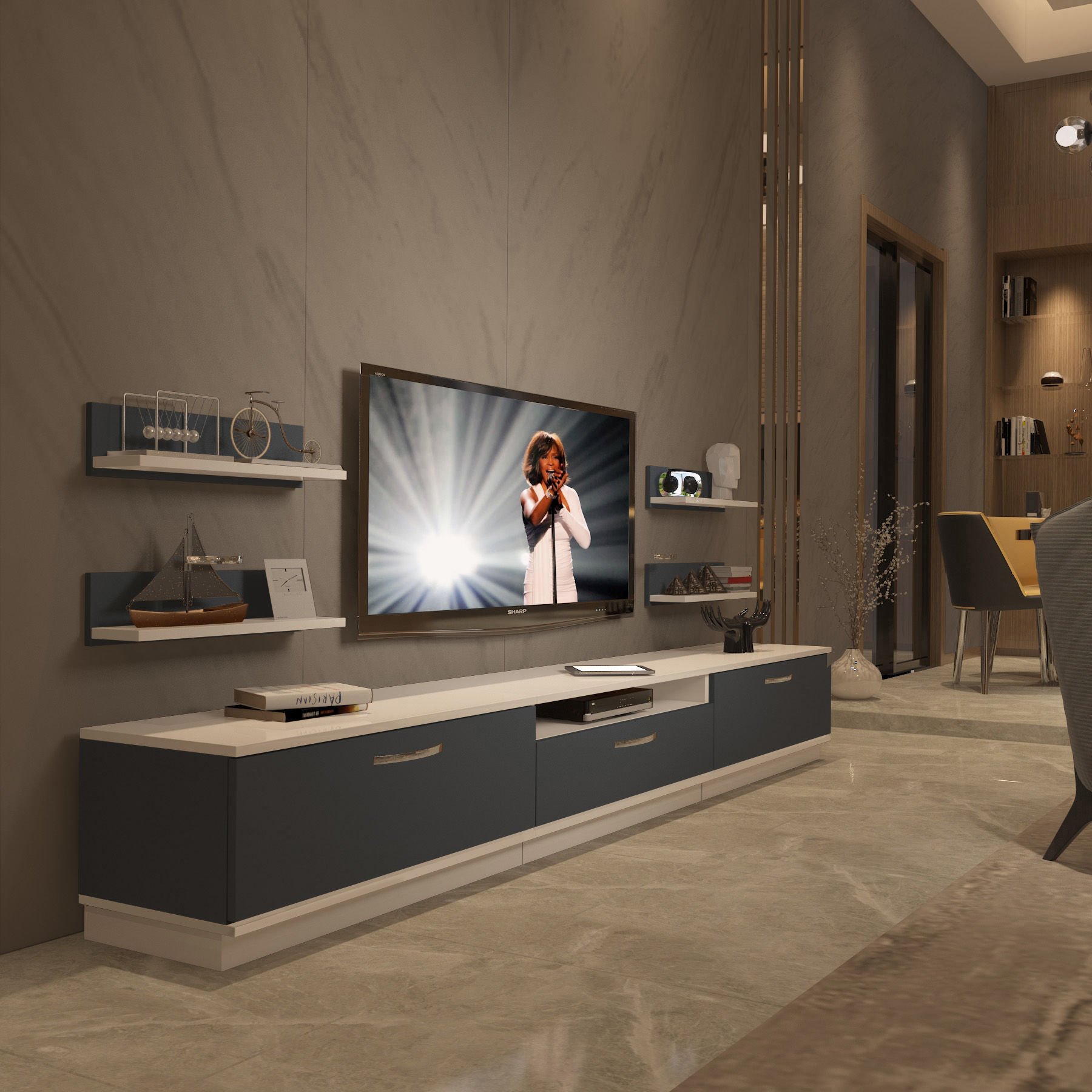 Decoraktiv Trendstyle 270R Mdf Tv Ünitesi Tv Sehpası Beyaz - Antrasit