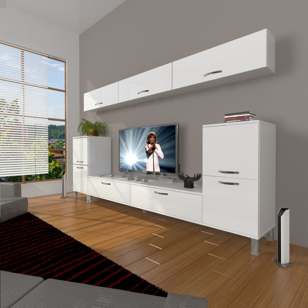 Decoraktiv Eko 9 Slm Std Krom Ayaklı Tv Ünitesi Tv Sehpası Parlak Beyaz