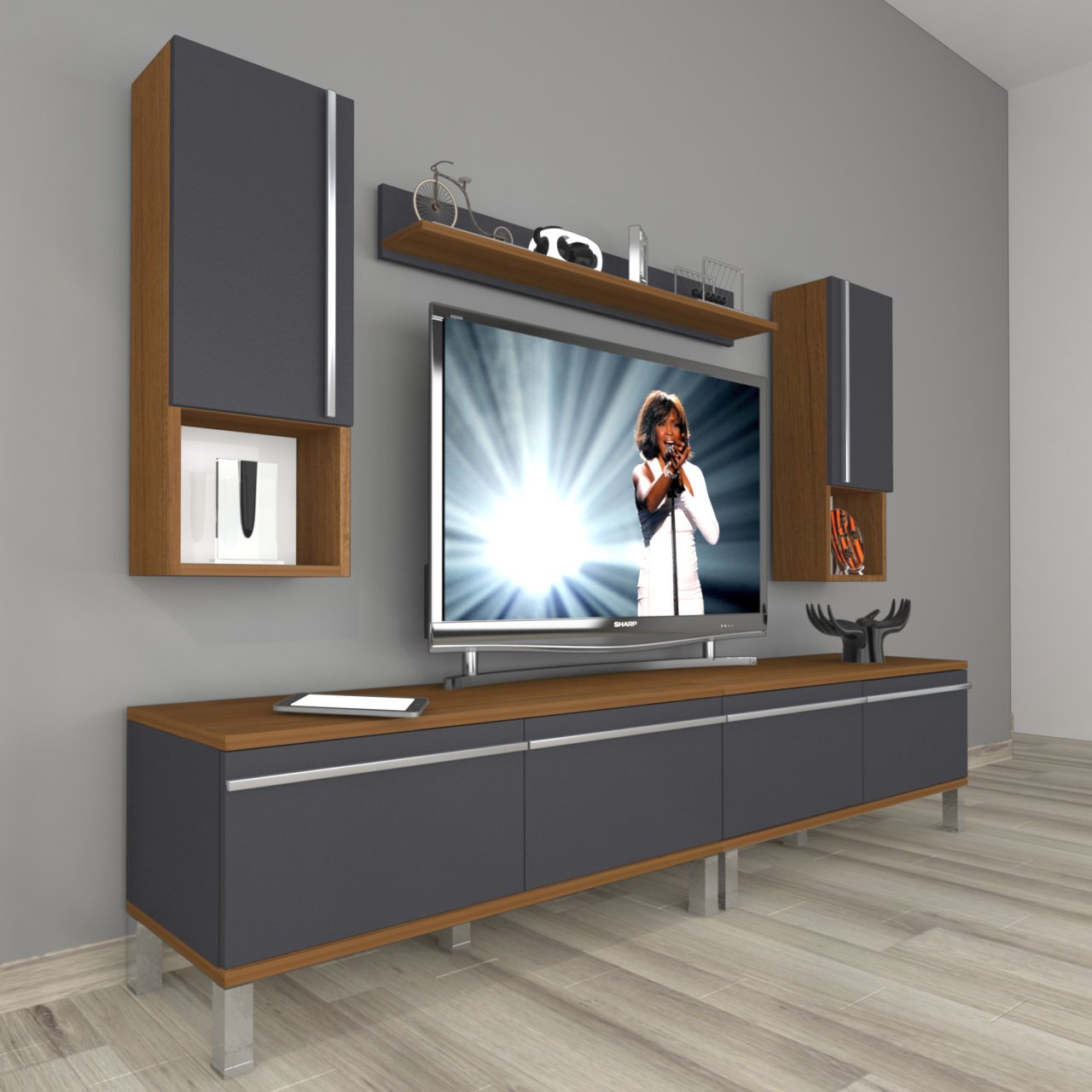 Decoraktiv Eko 5200TA Mdf Krom Ayaklı Tv Ünitesi Tv Sehpası Ceviz - Antrasit