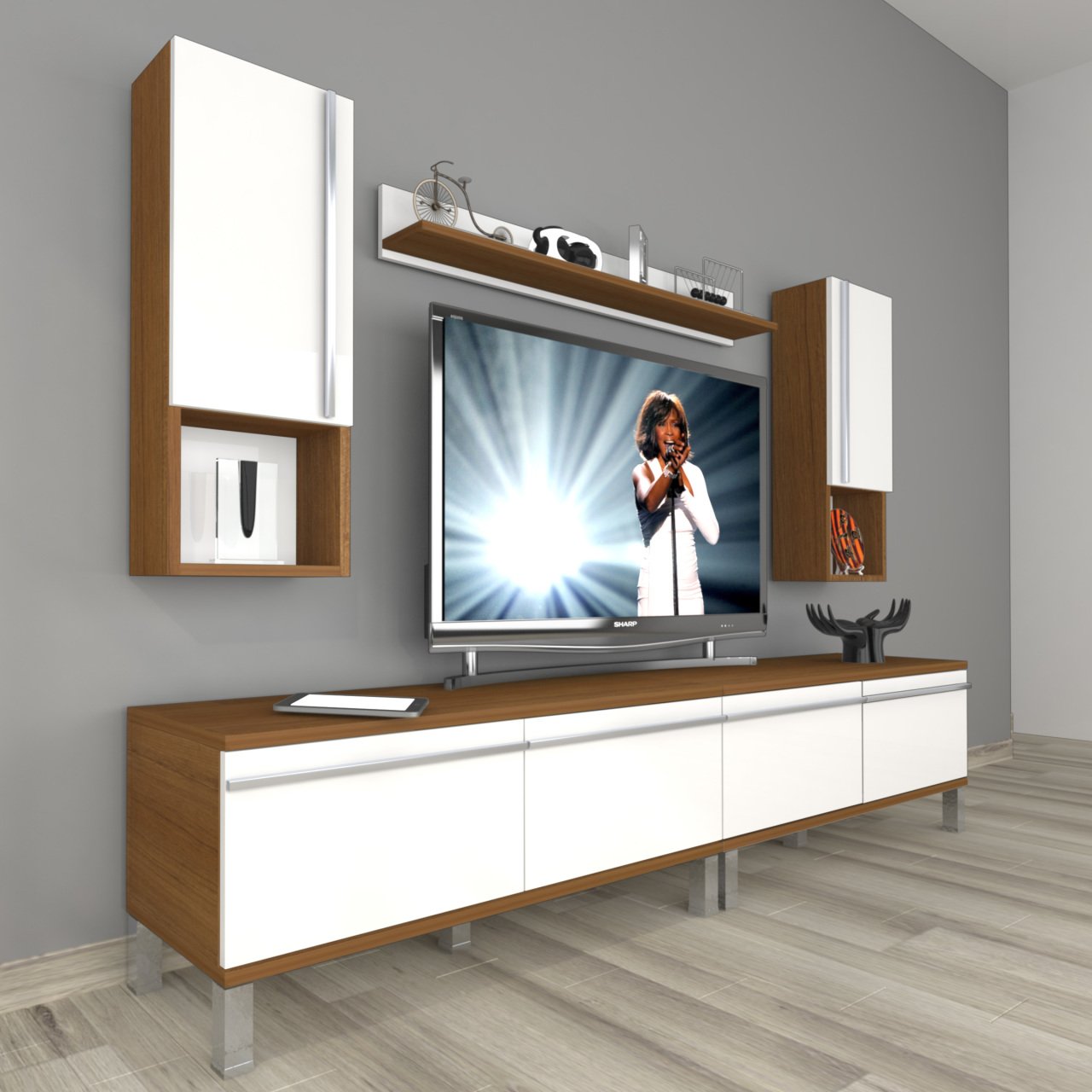Decoraktiv Eko 5200TA Mdf Krom Ayaklı Tv Ünitesi Tv Sehpası Ceviz - Beyaz