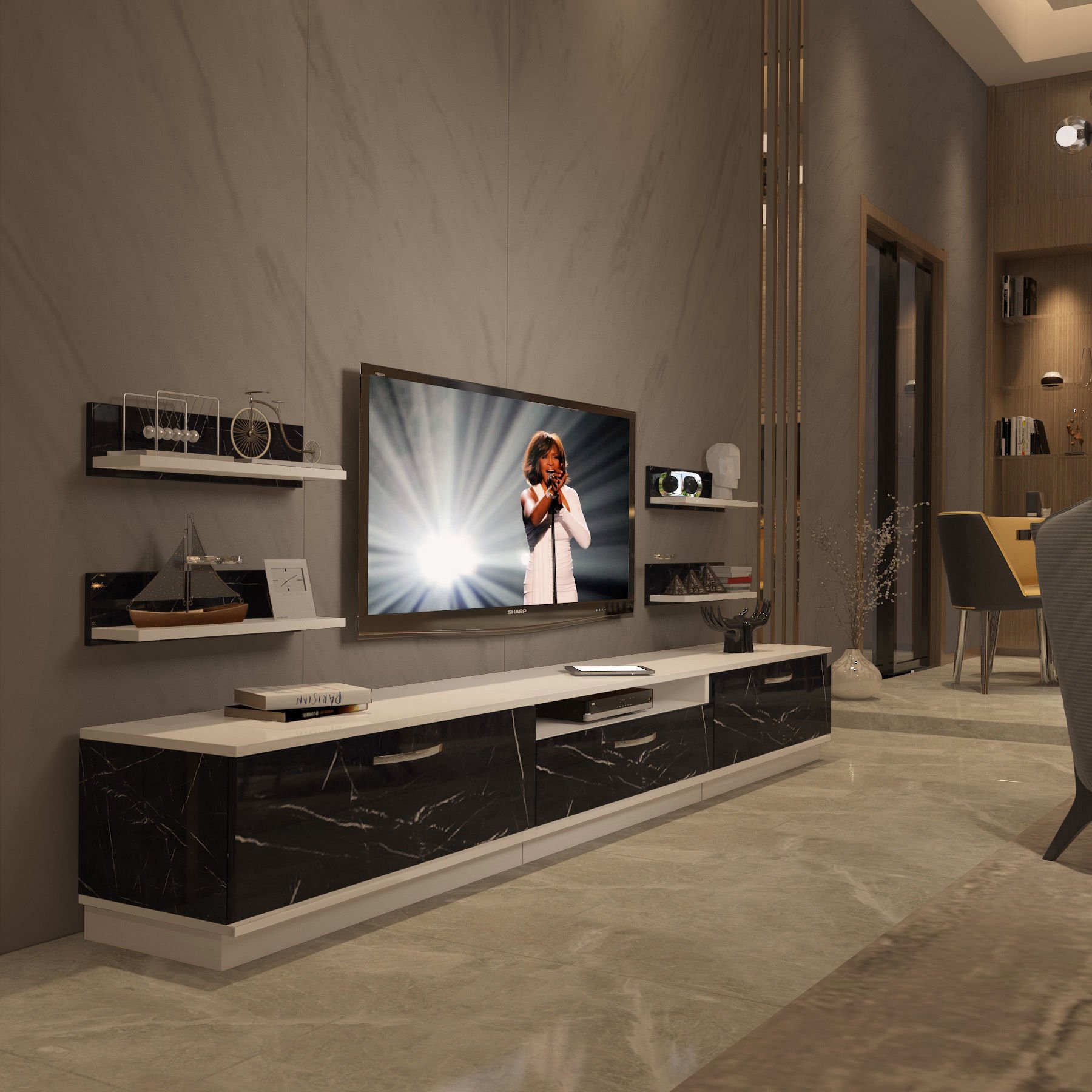 Decoraktiv Trendstyle 270R Mdf Tv Ünitesi Tv Sehpası Beyaz - Siyah Mermer