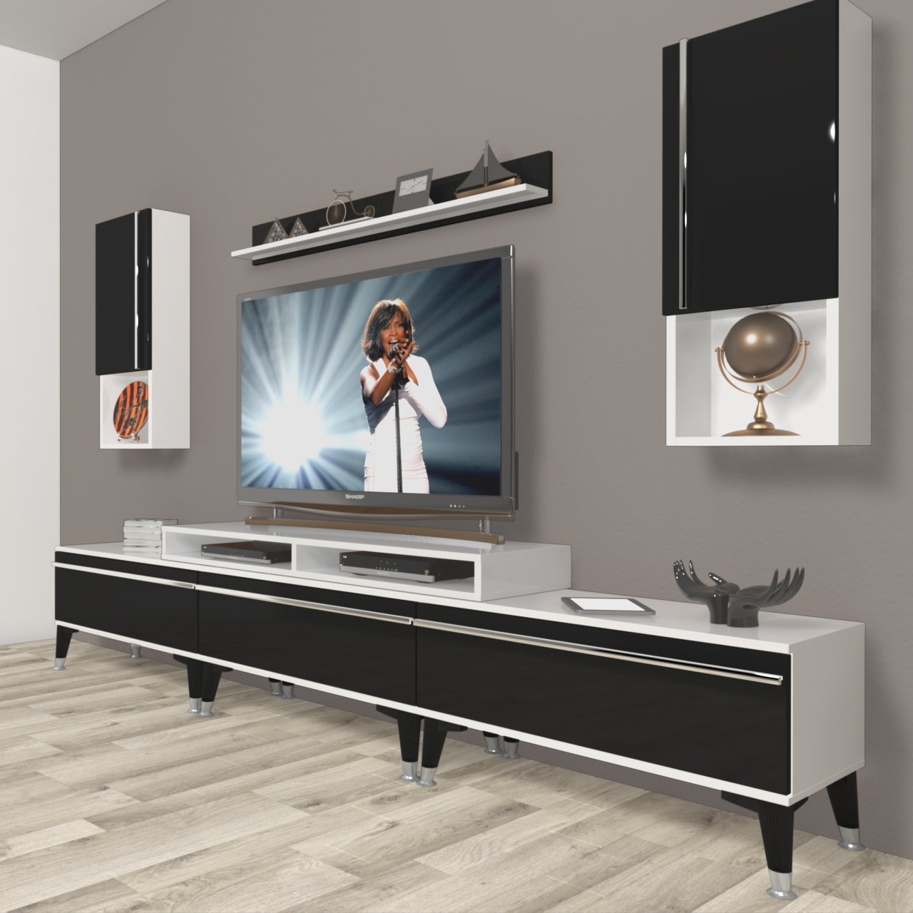 Decoraktiv Ekoflex 270TA Mdf Silver Tv Ünitesi Tv Sehpası Beyaz - Siyah
