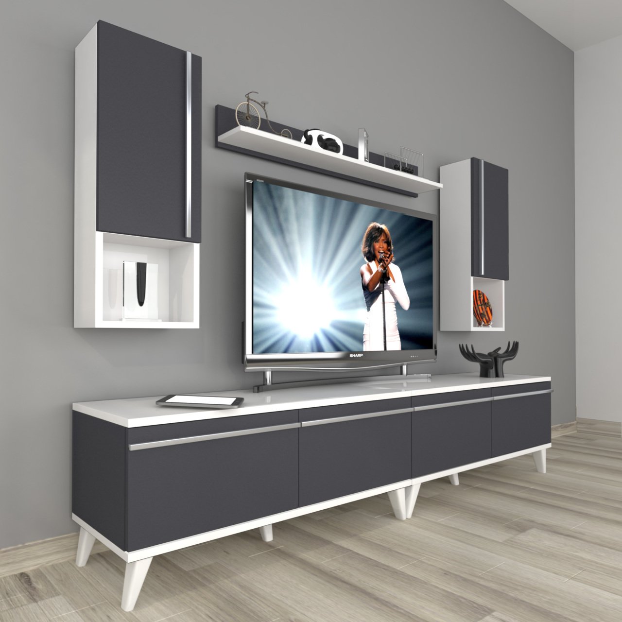 Decoraktiv Eko 5200TA Mdf Retro Tv Ünitesi Tv Sehpası Beyaz - Antrasit