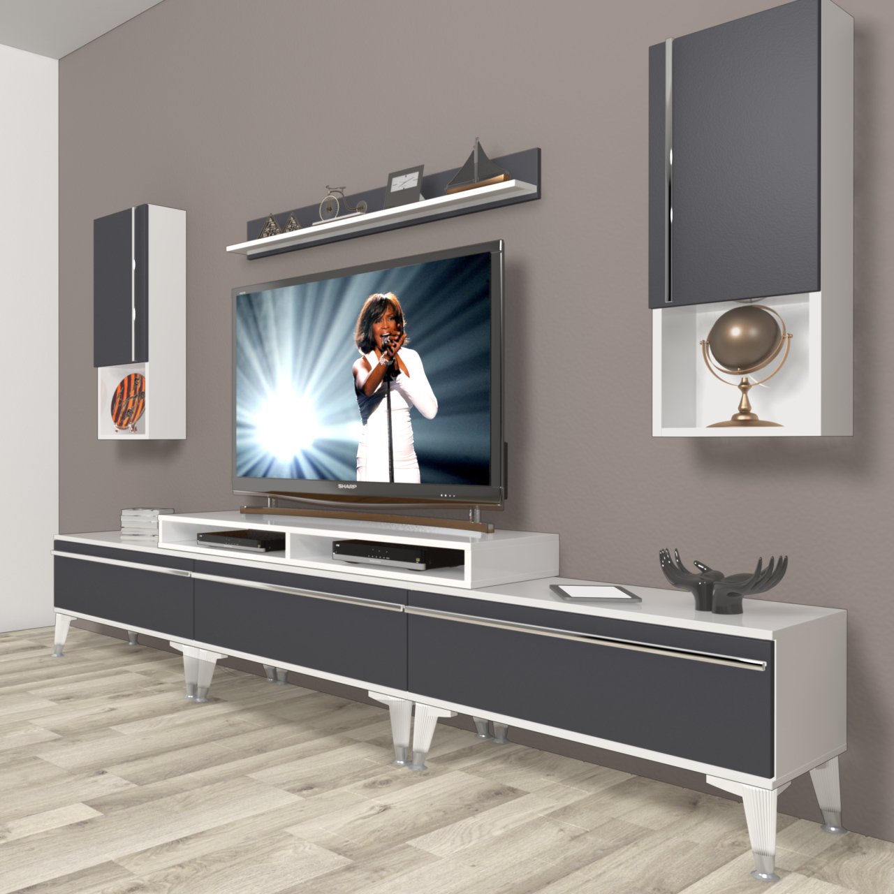 Decoraktiv Ekoflex 270TA Mdf Silver Tv Ünitesi Tv Sehpası Beyaz - Antrasit