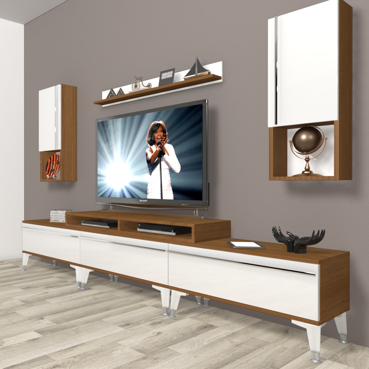 Decoraktiv Ekoflex 270TA Mdf Silver Tv Ünitesi Tv Sehpası Ceviz - Beyaz
