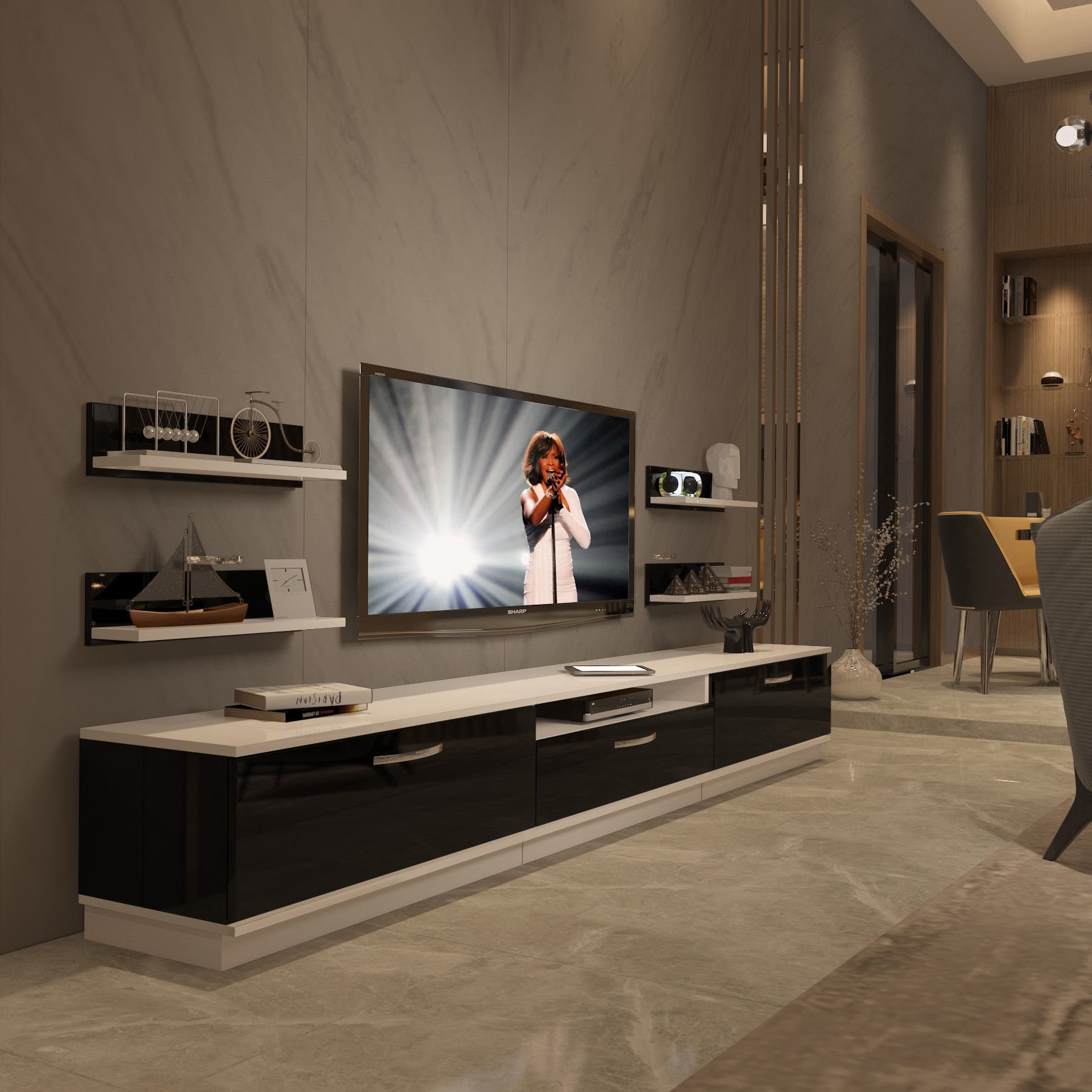 Decoraktiv Trendstyle 270R Slm Tv Ünitesi Tv Sehpası Beyaz - Siyah