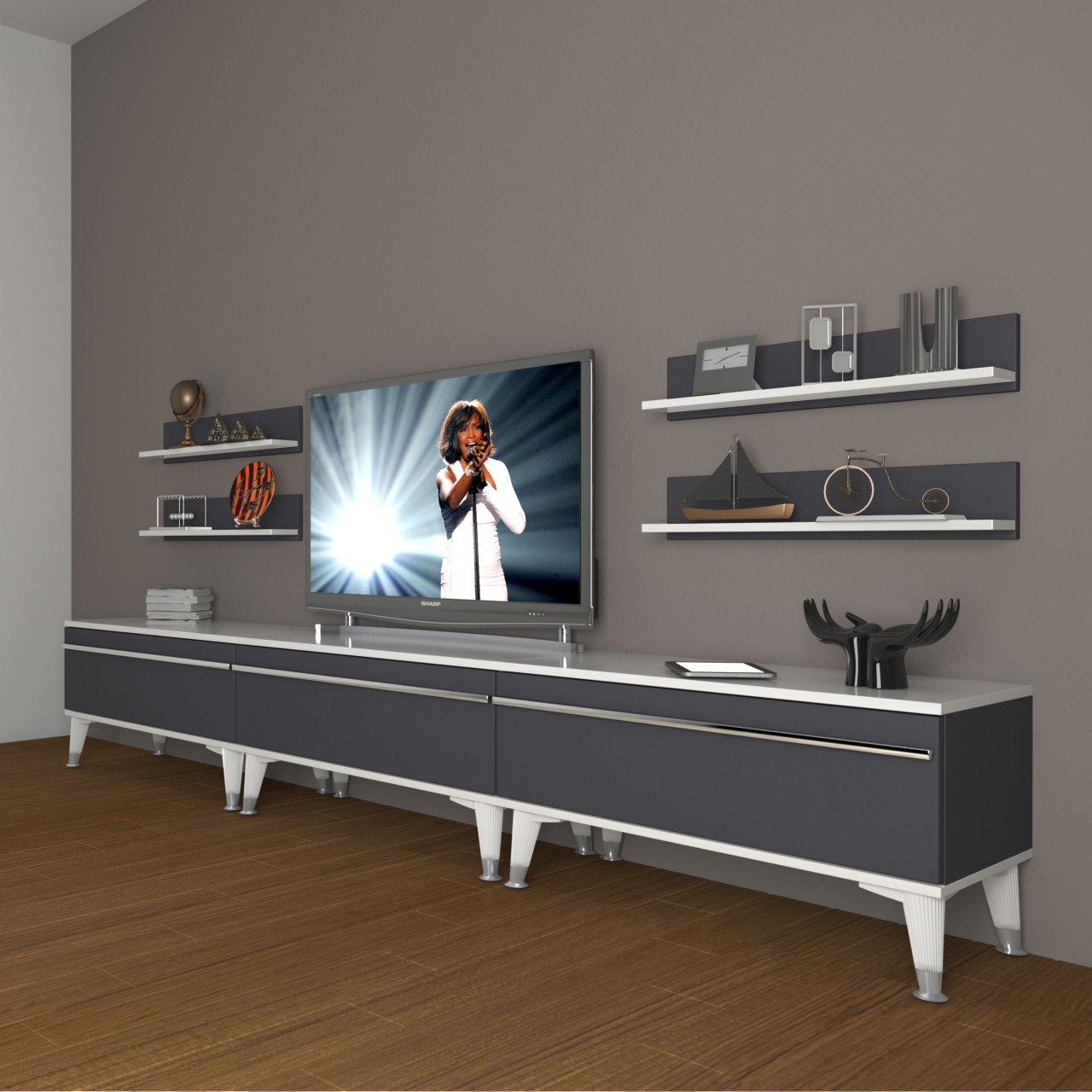 Decoraktiv Eko 270r Mdf Silver Tv Ünitesi Tv Sehpası Beyaz - Antrasit