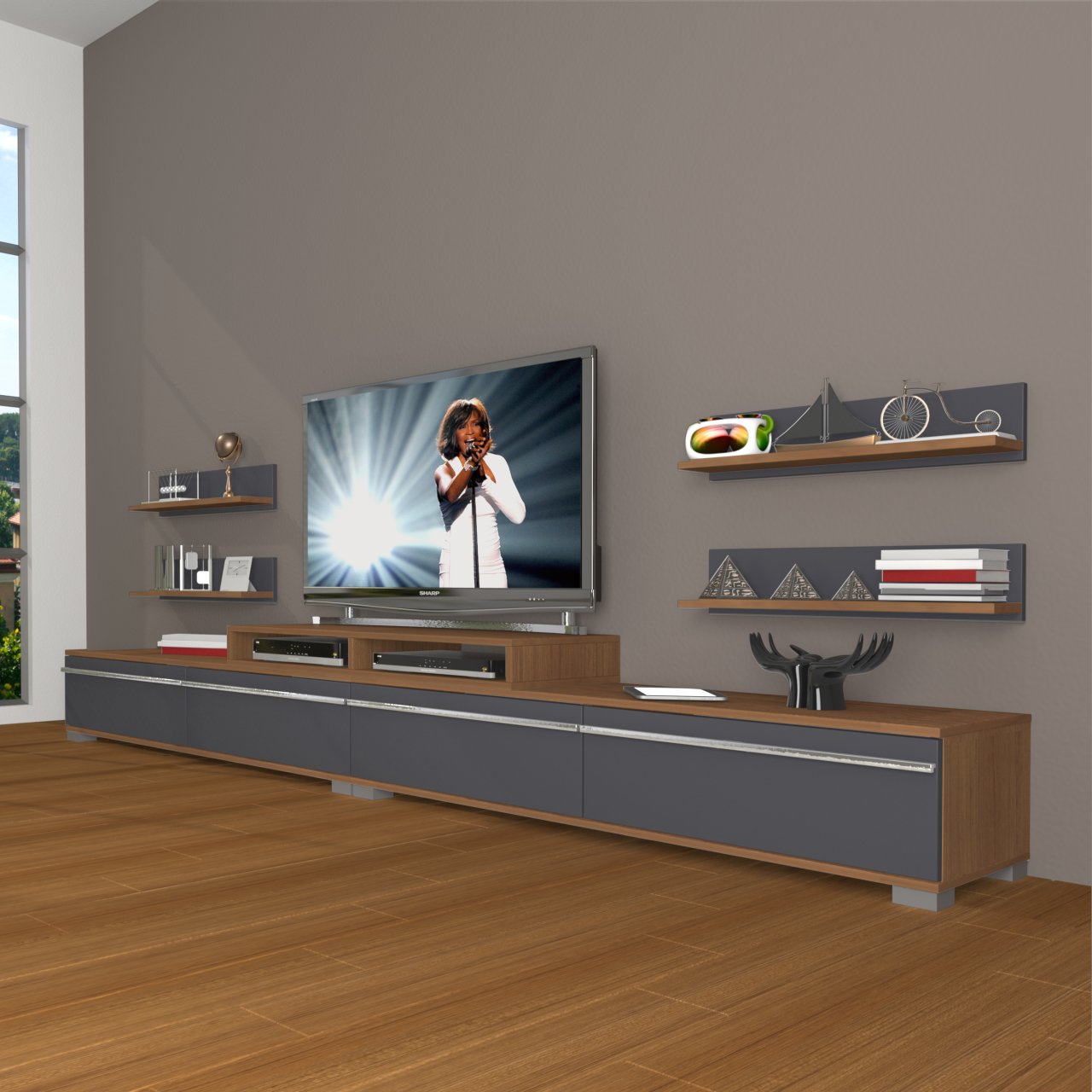 Decoraktiv Ekoflex 360R Mdf Tv Ünitesi Tv Sehpası Ceviz - Antrasit