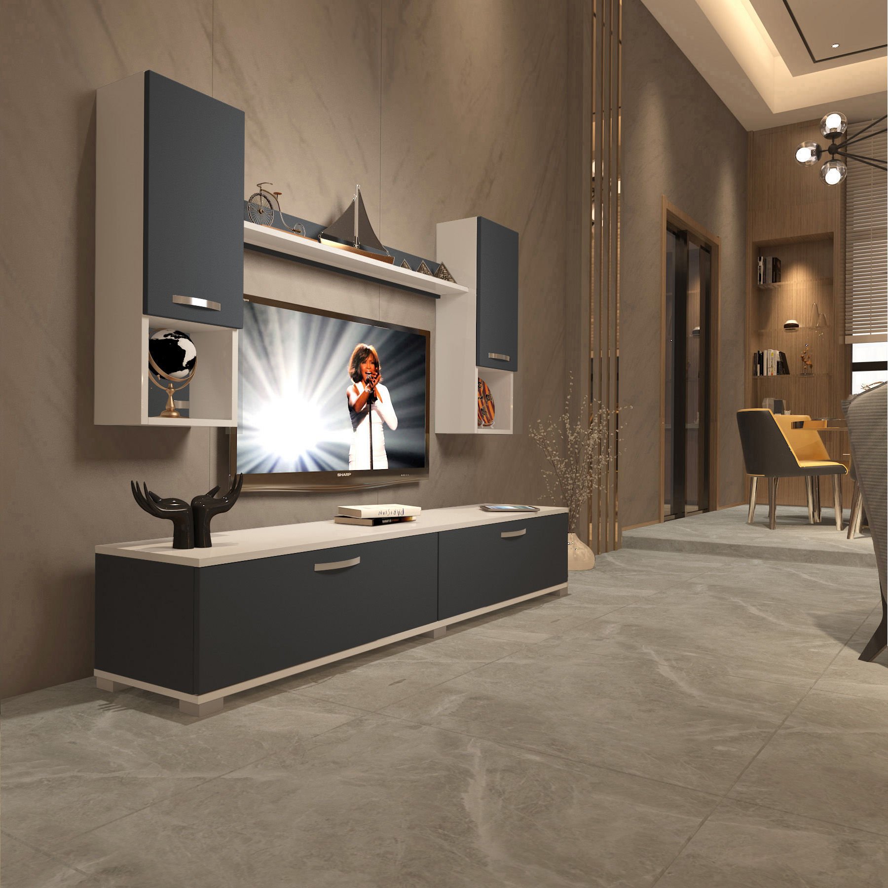 Decoraktiv Eko 5DA Mdf Std Tv Ünitesi Tv Sehpası Beyaz - Antrasit