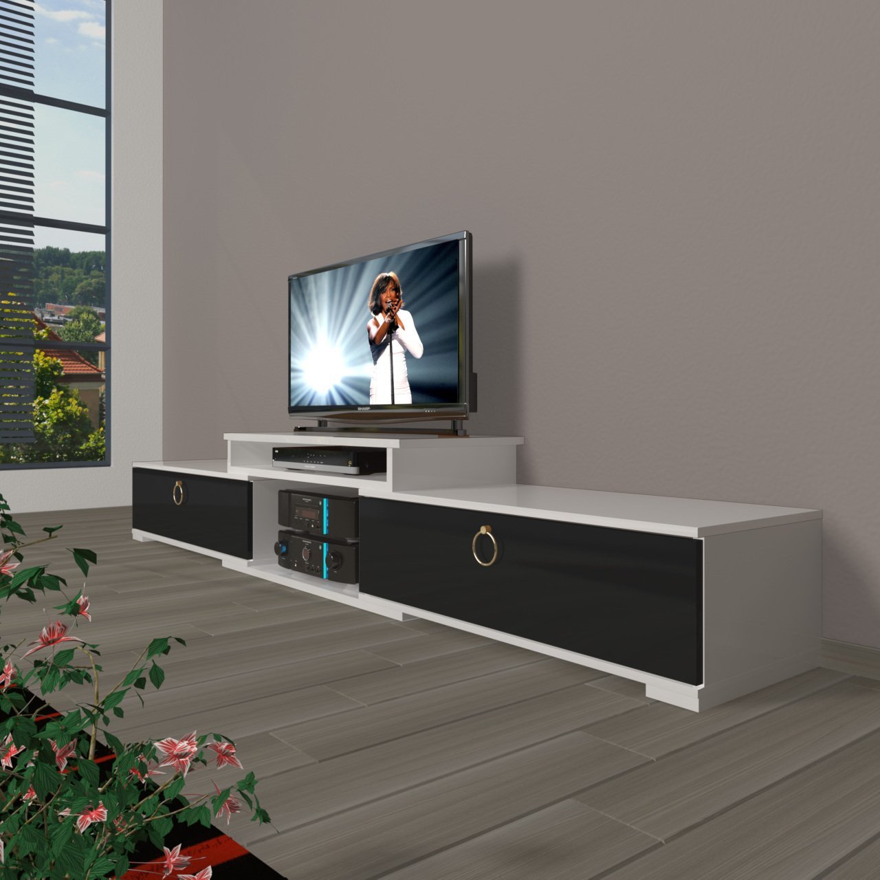 Decoraktiv Flex 4 Mdf Gold Tv Ünitesi Tv Sehpası Beyaz - Siyah