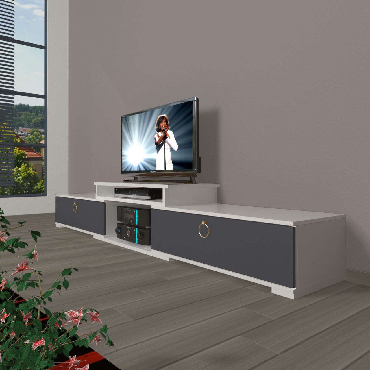 Decoraktiv Flex 4 Mdf Gold Tv Ünitesi Tv Sehpası Beyaz - Antrasit