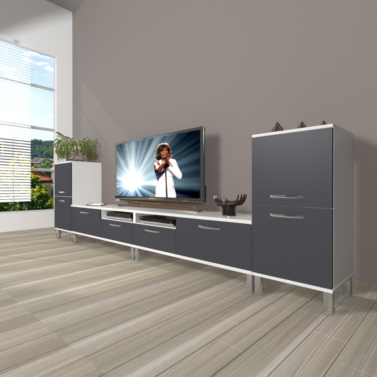 Decoraktiv Eko 9200 Mdf Krom Ayaklı Tv Ünitesi Tv Sehpası Beyaz - Antrasit
