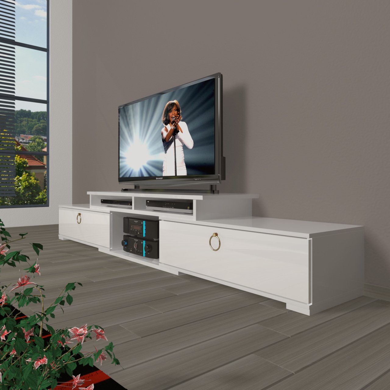 Decoraktiv Flex 130 Mdf Gold Tv Ünitesi Tv Sehpası Parlak Beyaz