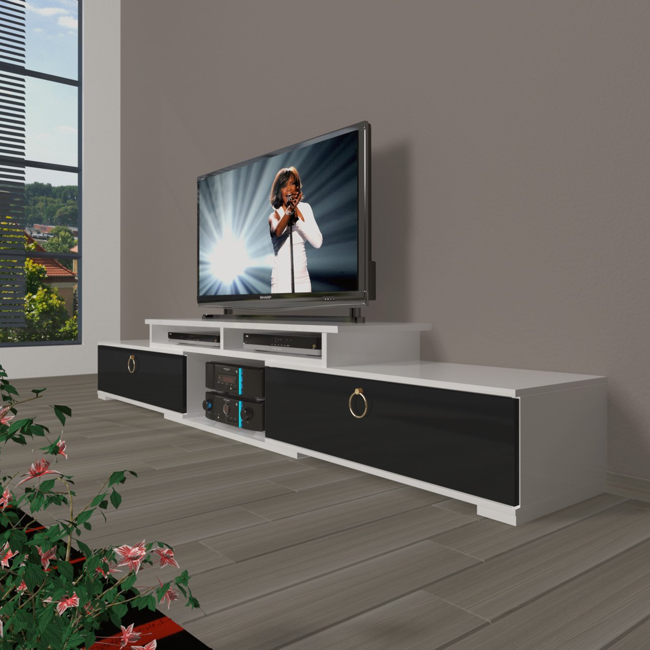 Decoraktiv Flex 130 Mdf Gold Tv Ünitesi Tv Sehpası Beyaz - Siyah