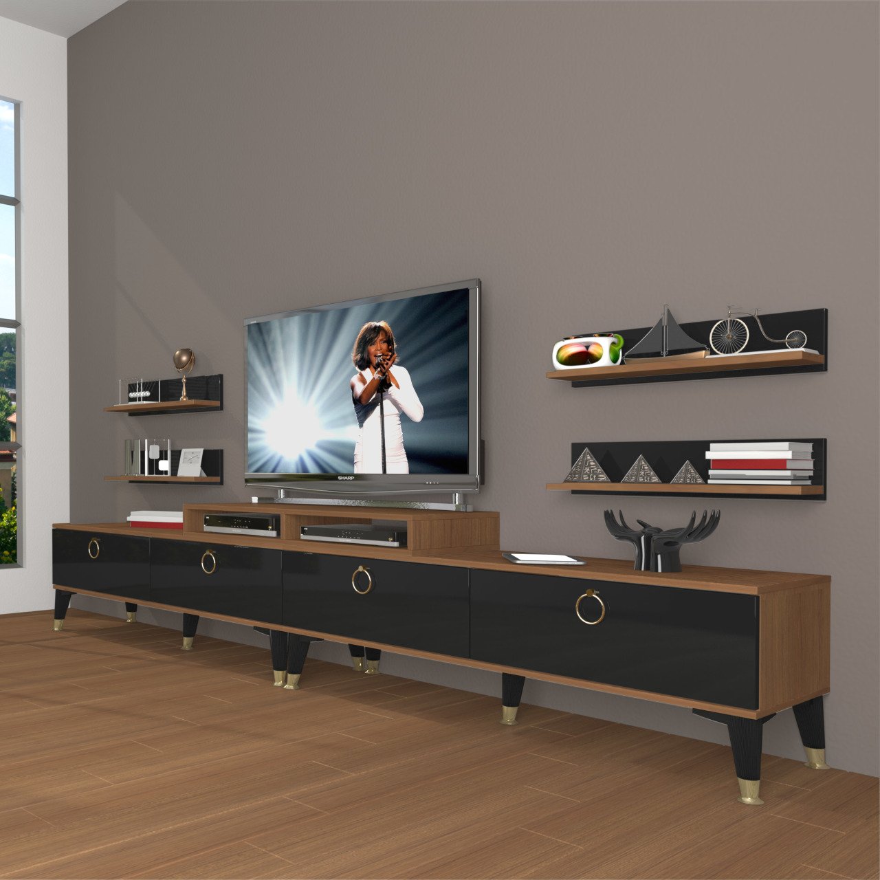 Decoraktiv Ekoflex 360R Mdf Gold Tv Ünitesi Tv Sehpası Ceviz - Siyah