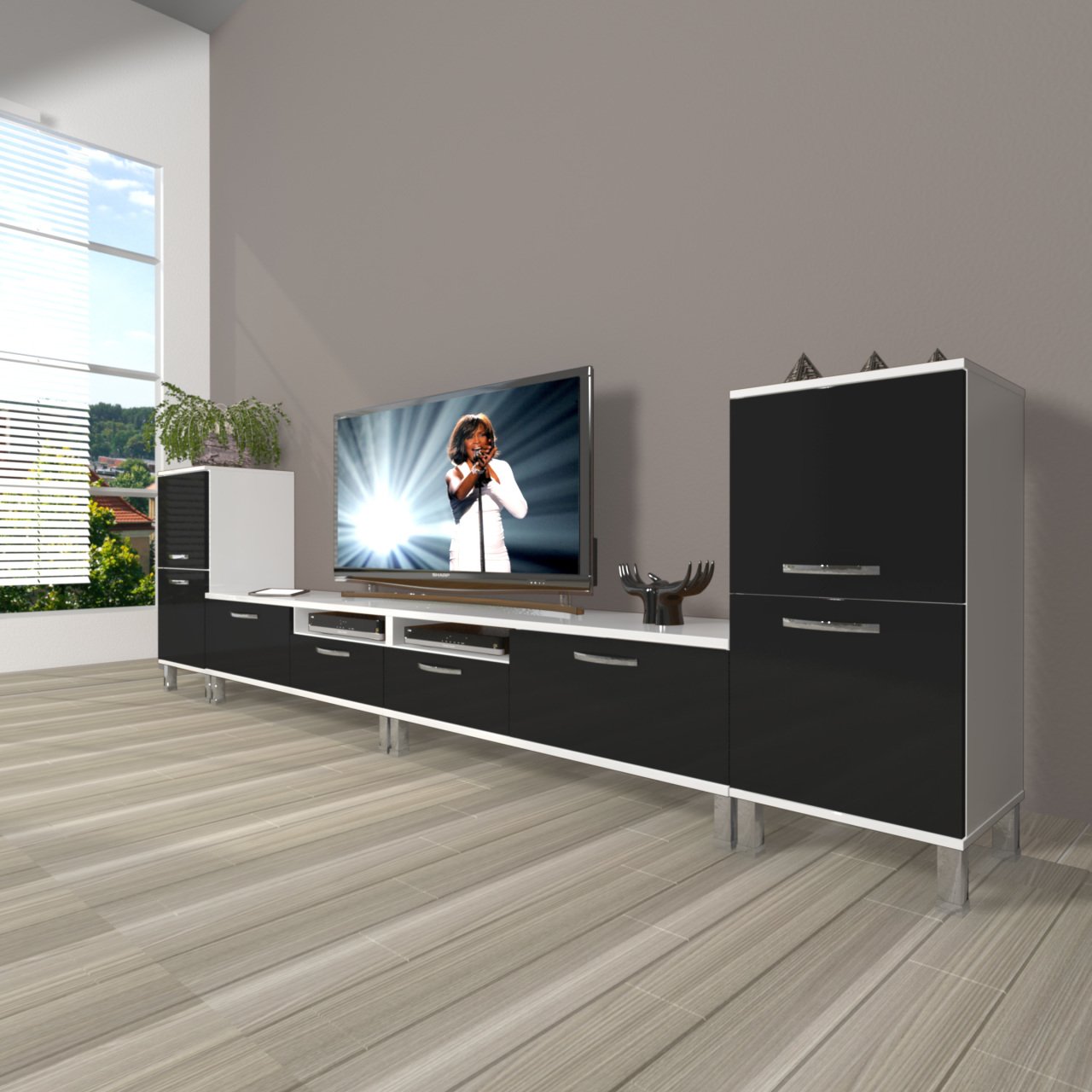 Decoraktiv Eko 9200 Mdf Krom Ayaklı Tv Ünitesi Tv Sehpası Beyaz - Siyah