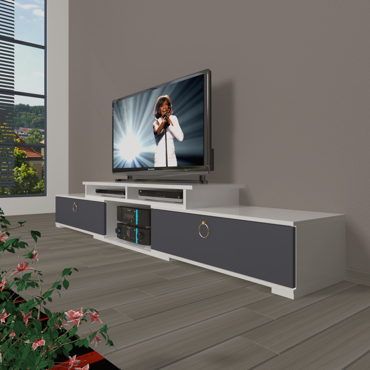 Decoraktiv Flex 130 Mdf Gold Tv Ünitesi Tv Sehpası Beyaz - Antrasit