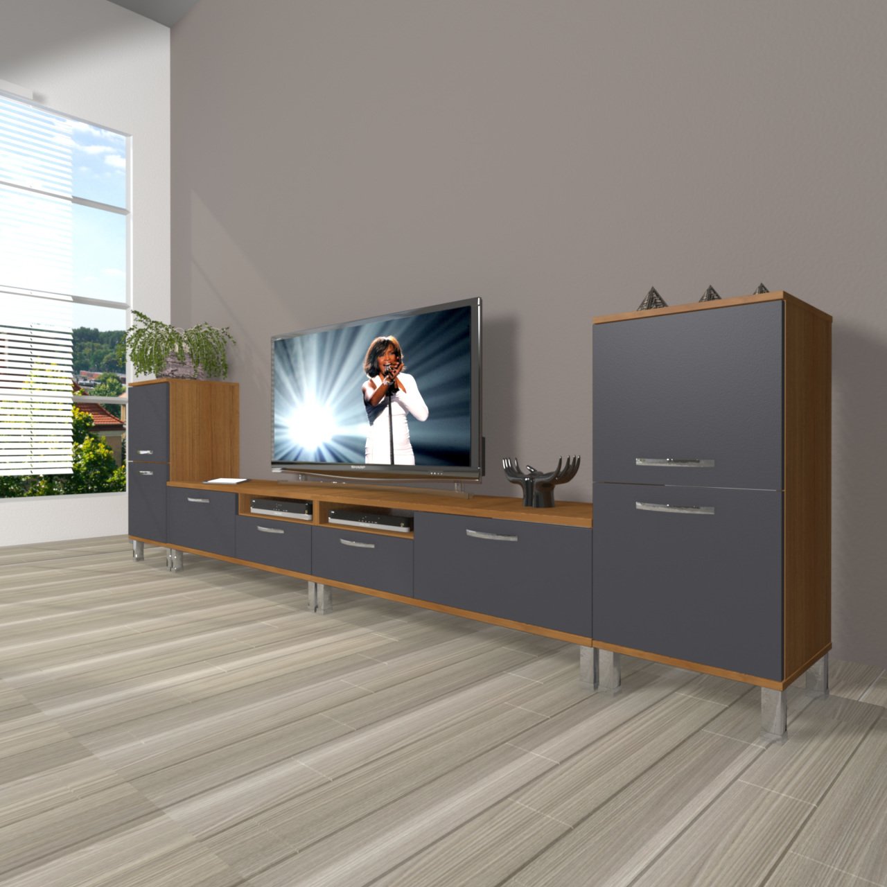Decoraktiv Eko 9200 Mdf Krom Ayaklı Tv Ünitesi Tv Sehpası Ceviz - Antrasit