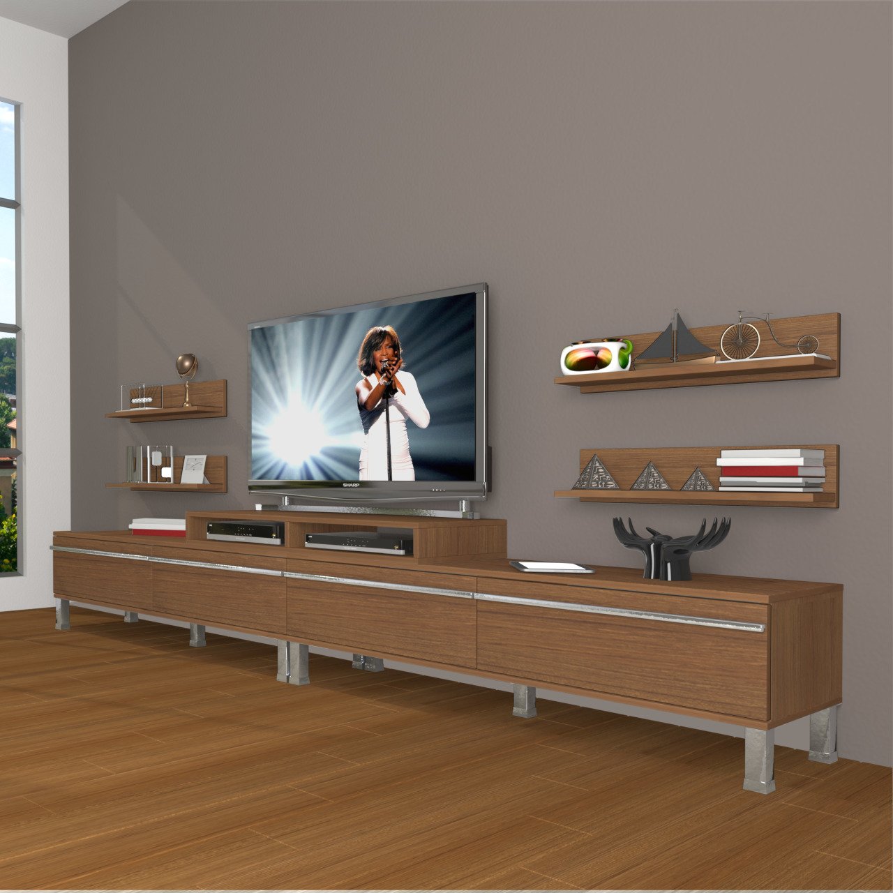 Decoraktiv Ekoflex 360R Mdf Krom Ayaklı Tv Ünitesi Tv Sehpası Ceviz