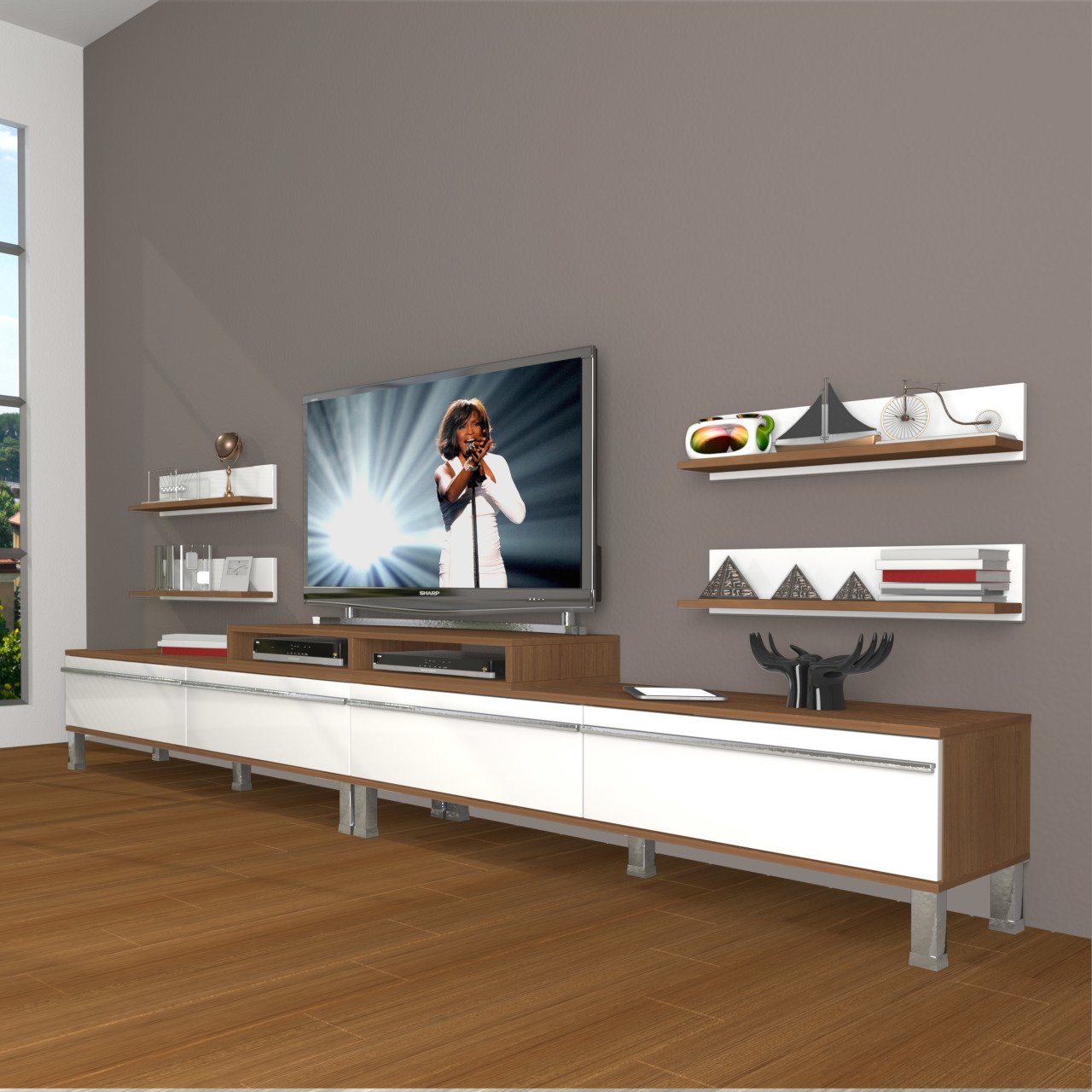 Decoraktiv Ekoflex 360R Mdf Krom Ayaklı Tv Ünitesi Tv Sehpası Ceviz - Beyaz