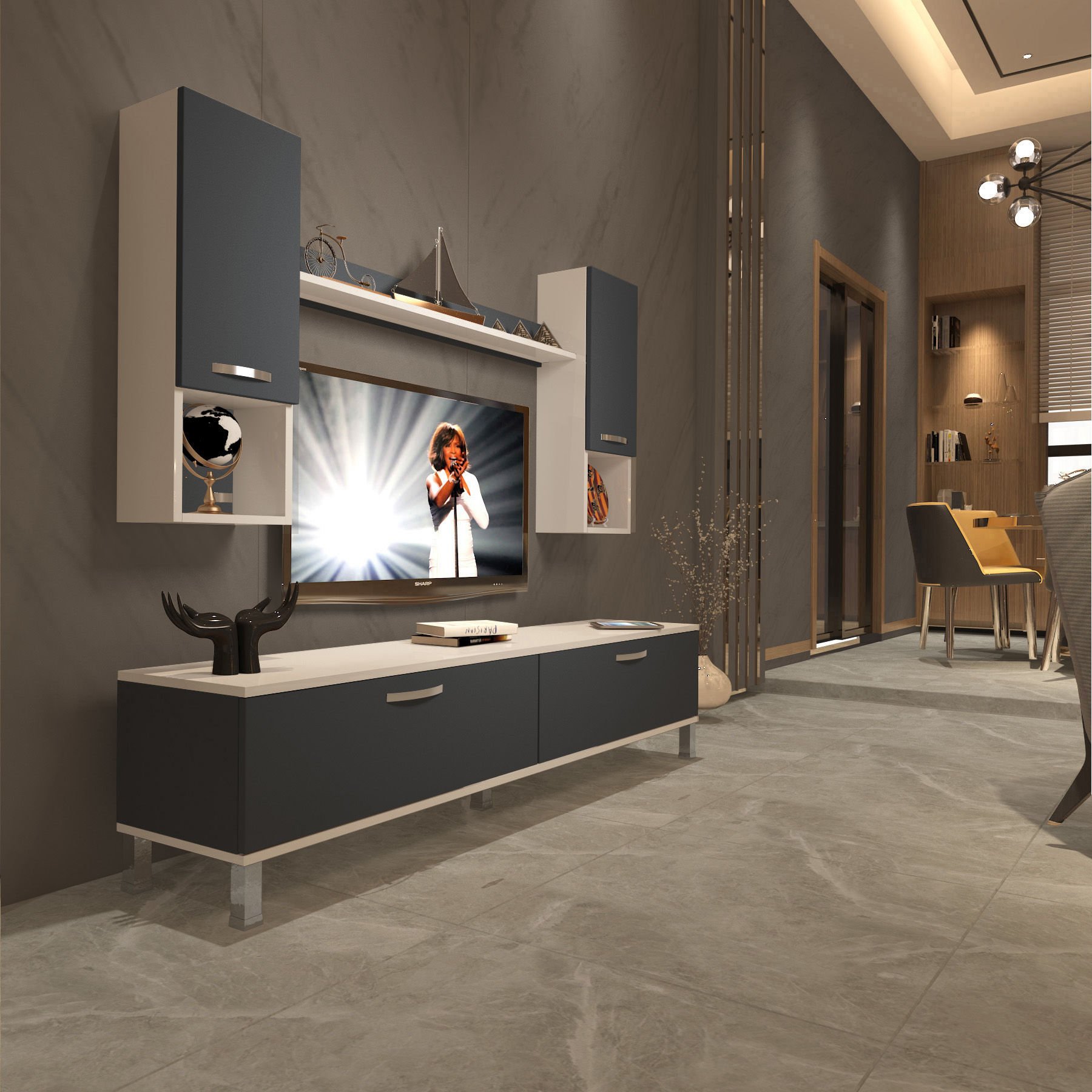 Decoraktiv Eko 5DA Mdf Std Krom Ayaklı Tv Ünitesi Tv Sehpası Beyaz - Antrasit