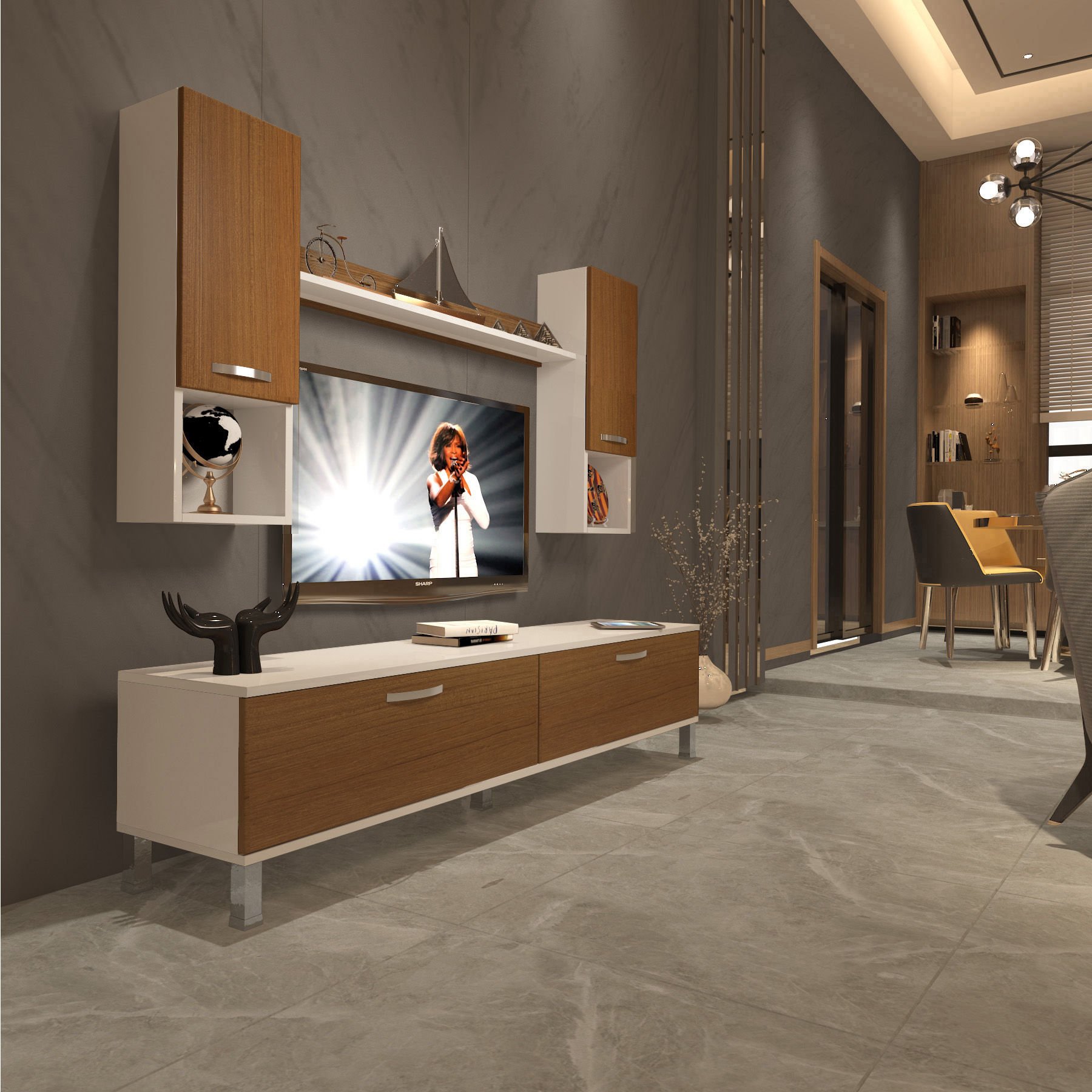 Decoraktiv Eko 5DA Mdf Std Krom Ayaklı Tv Ünitesi Tv Sehpası Beyaz - Ceviz
