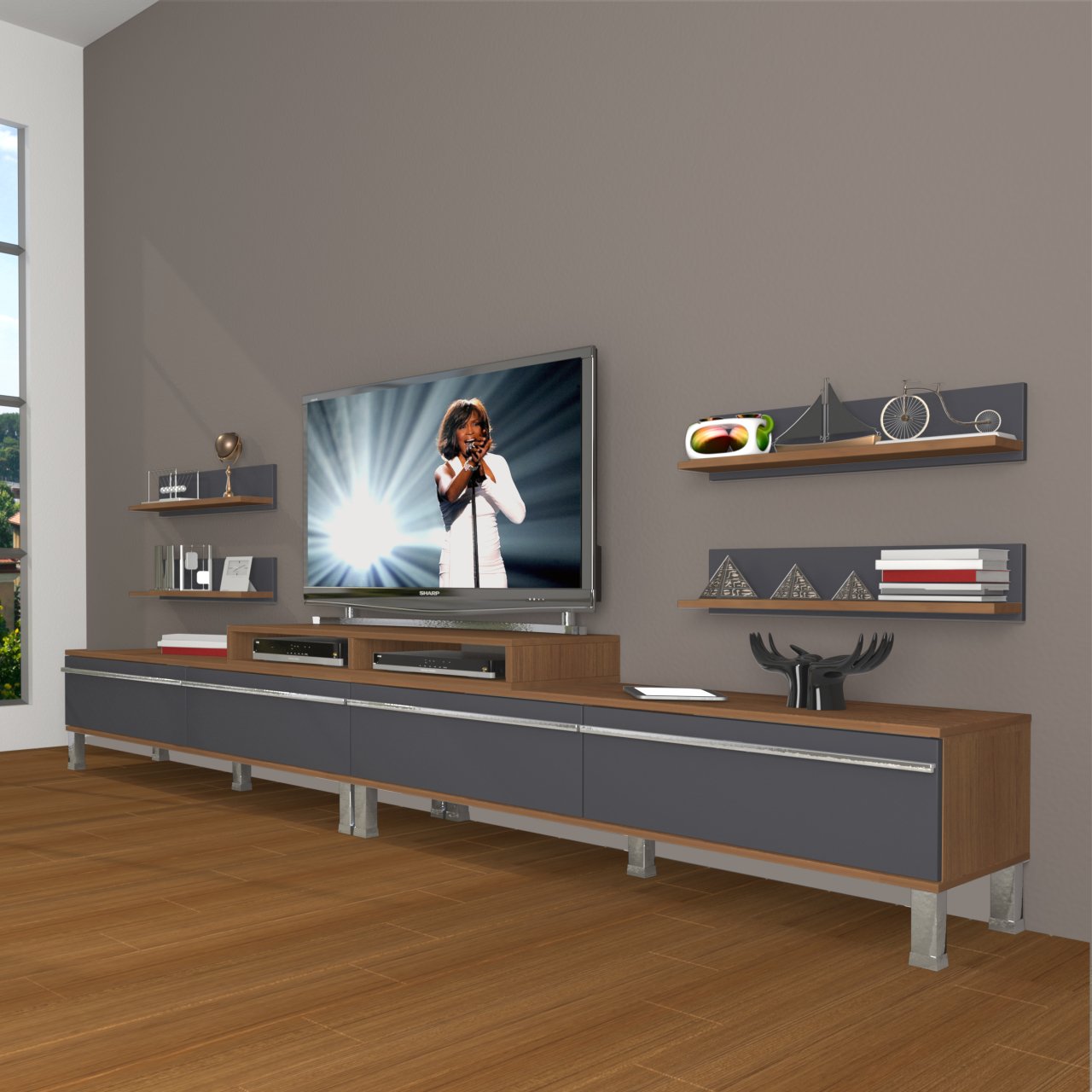 Decoraktiv Ekoflex 360R Mdf Krom Ayaklı Tv Ünitesi Tv Sehpası Ceviz - Antrasit