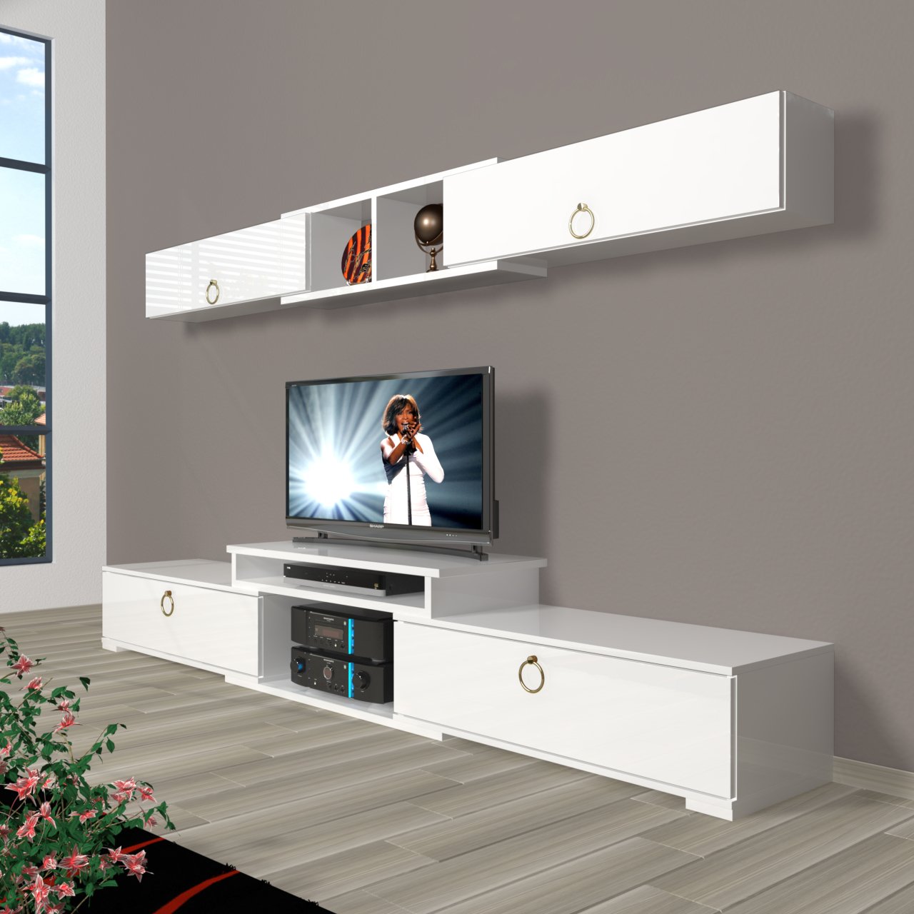 Decoraktiv Flex 5 Mdf Gold Tv Ünitesi Tv Sehpası Parlak Beyaz