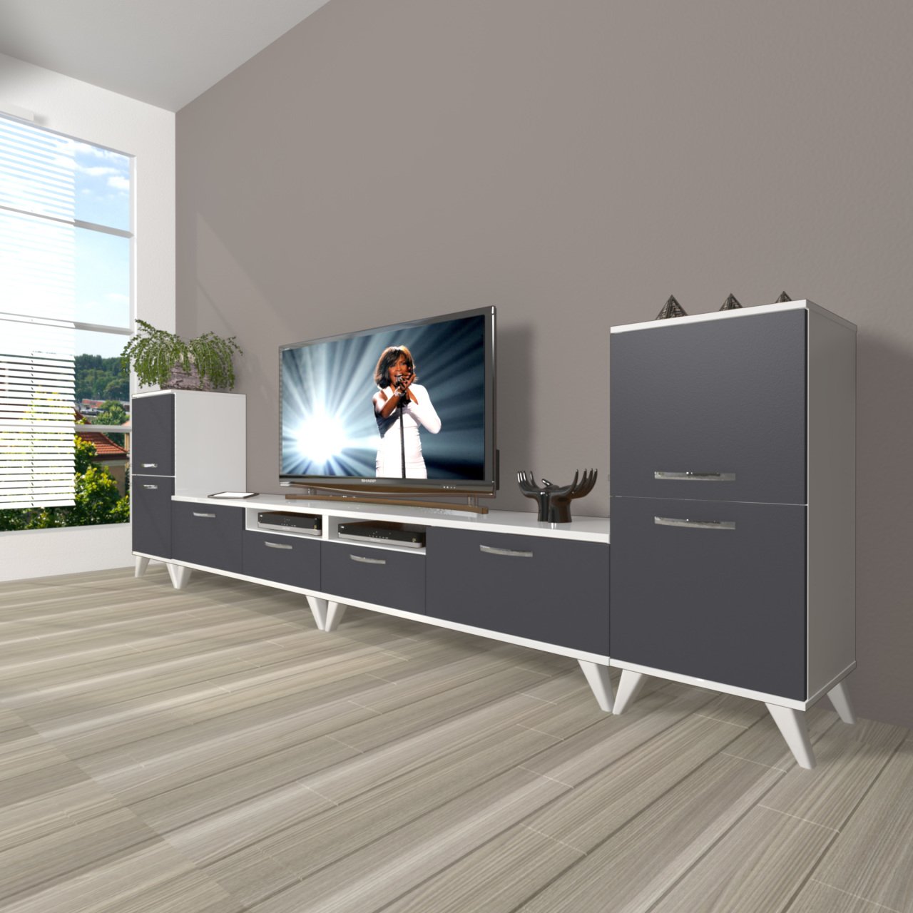 Decoraktiv Eko 9200 Mdf Retro Tv Ünitesi Tv Sehpası Beyaz - Antrasit