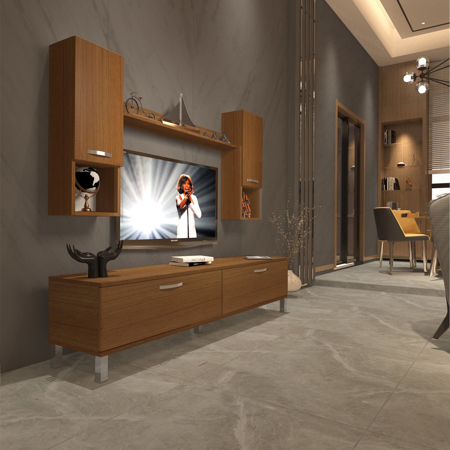 Decoraktiv Eko 5DA Mdf Std Krom Ayaklı Tv Ünitesi Tv Sehpası Ceviz