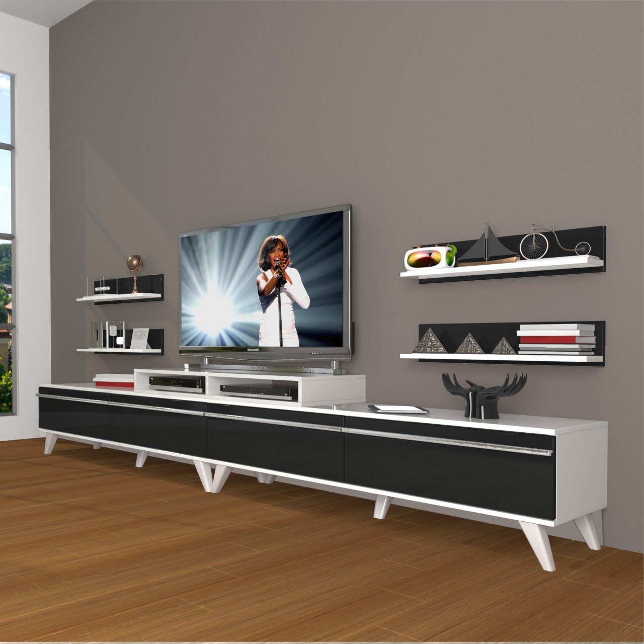 Decoraktiv Ekoflex 360R Mdf Retro Tv Ünitesi Tv Sehpası Beyaz - Siyah
