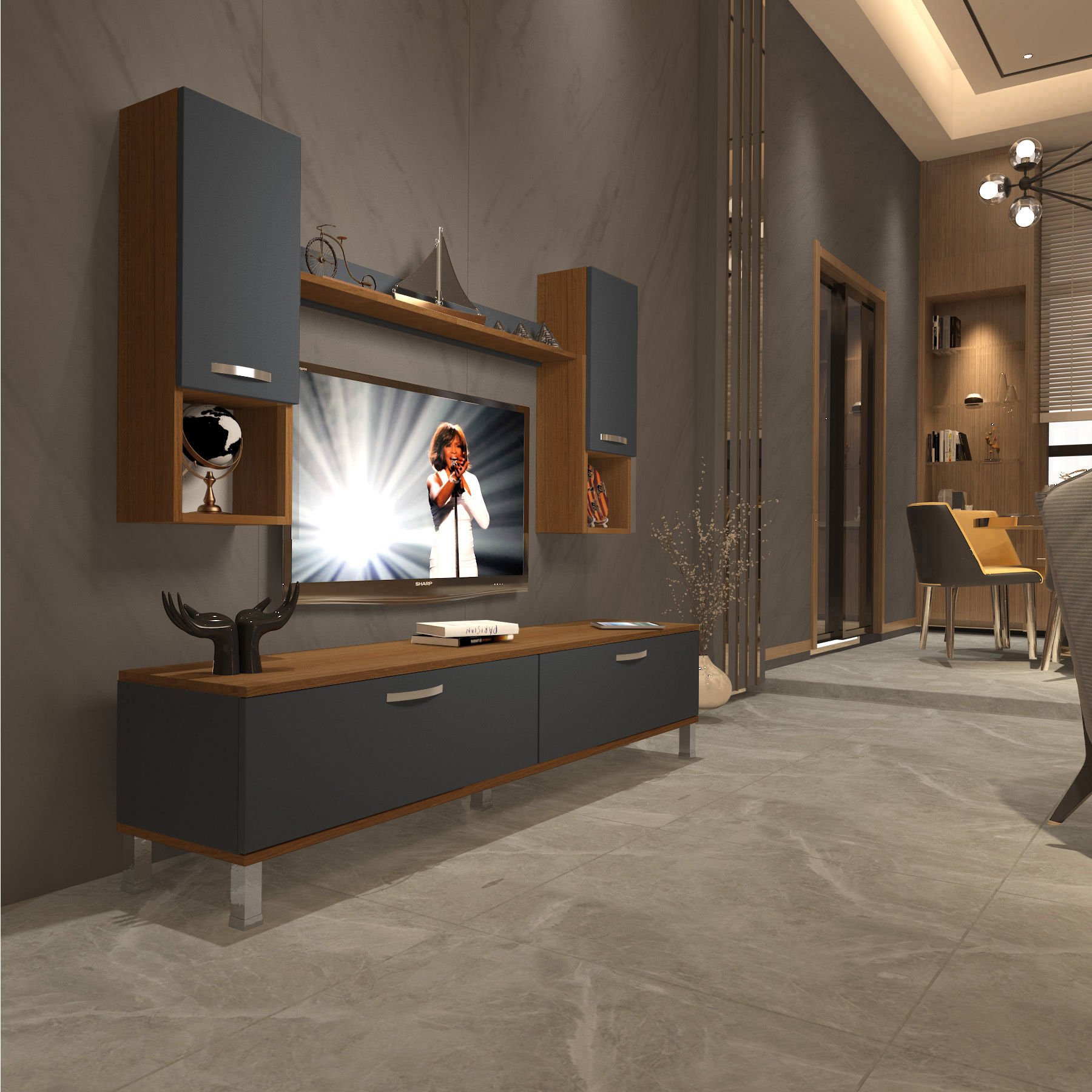 Decoraktiv Eko 5DA Mdf Std Krom Ayaklı Tv Ünitesi Tv Sehpası Ceviz - Antrasit