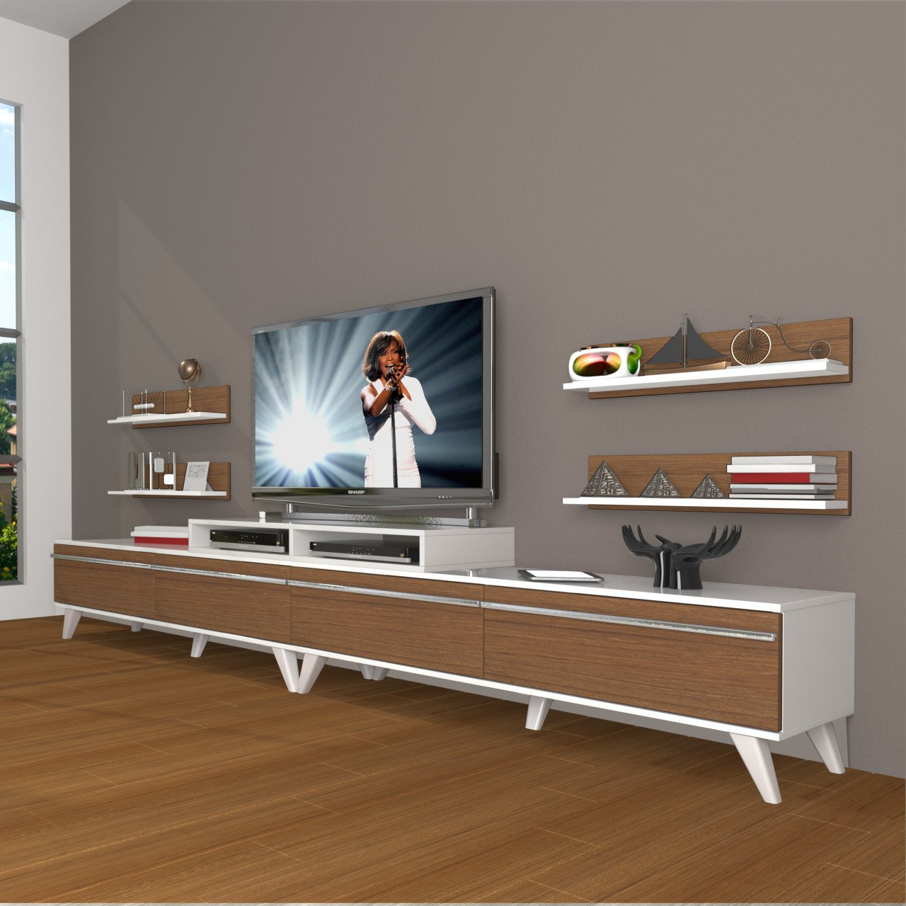 Decoraktiv Ekoflex 360R Mdf Retro Tv Ünitesi Tv Sehpası Beyaz - Ceviz