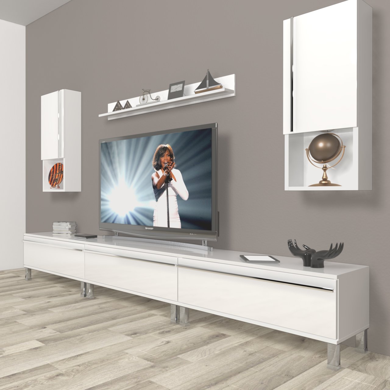 Decoraktiv Eko 270ta Mdf Krom Ayaklı Tv Ünitesi Tv Sehpası Parlak Beyaz
