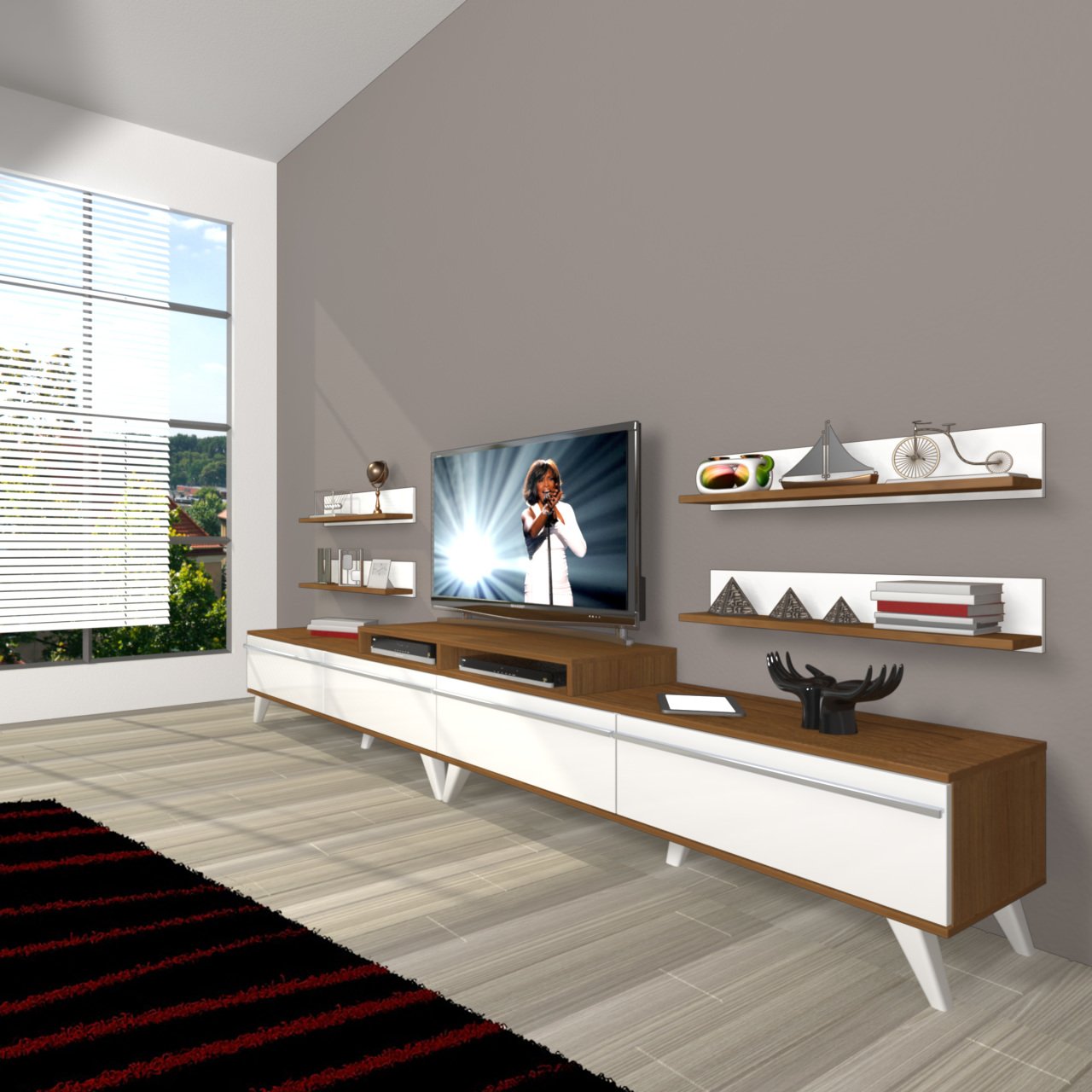 Decoraktiv Ekoflex 360R Mdf Retro Tv Ünitesi Tv Sehpası Ceviz - Beyaz