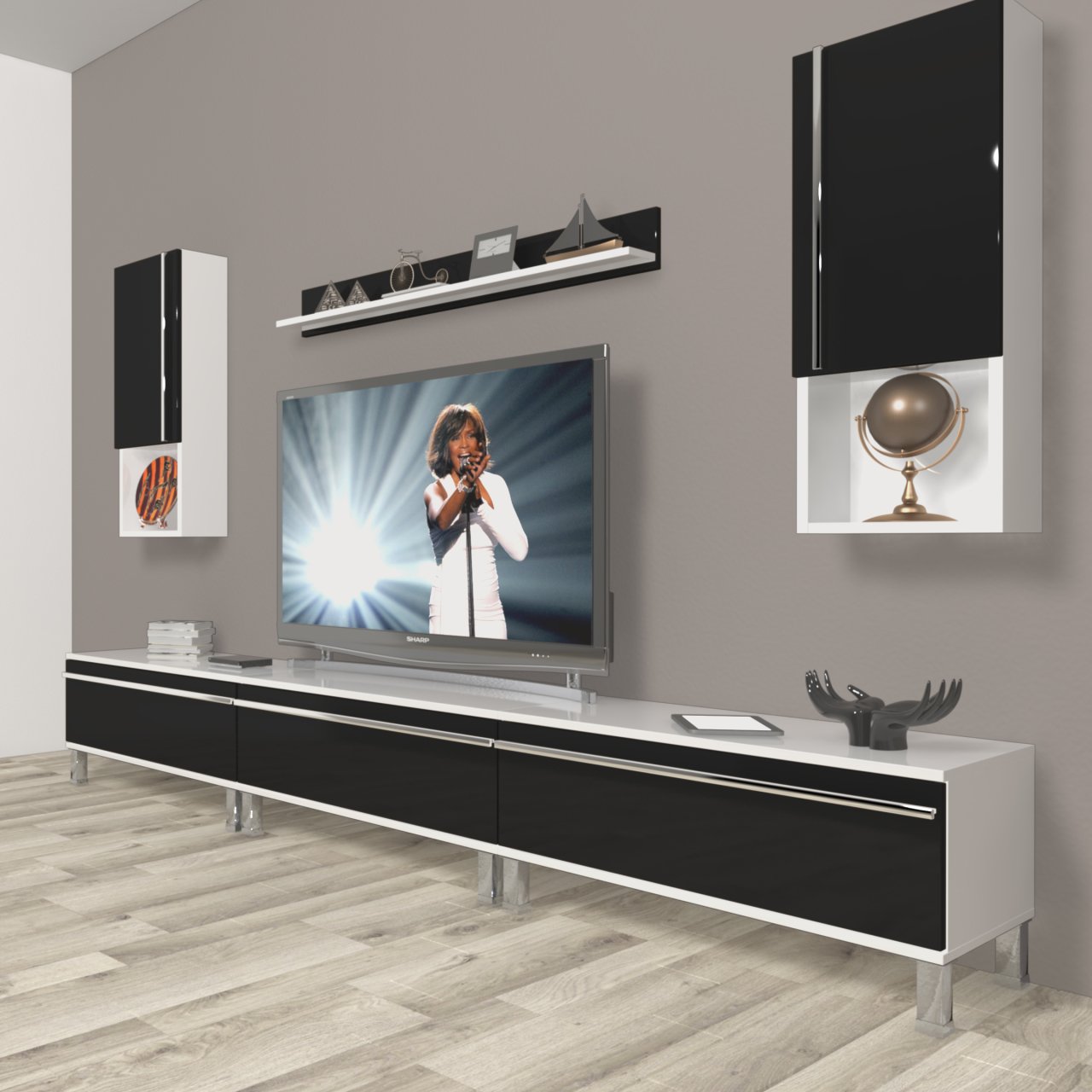 Decoraktiv Eko 270ta Mdf Krom Ayaklı Tv Ünitesi Tv Sehpası Beyaz - Siyah