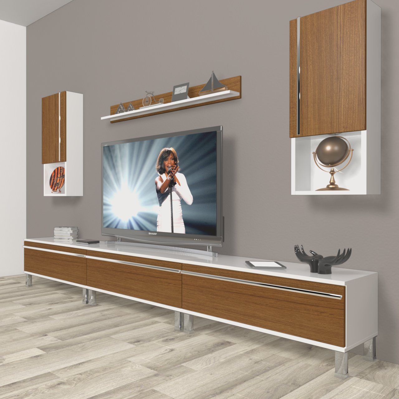 Decoraktiv Eko 270ta Mdf Krom Ayaklı Tv Ünitesi Tv Sehpası Beyaz - Ceviz