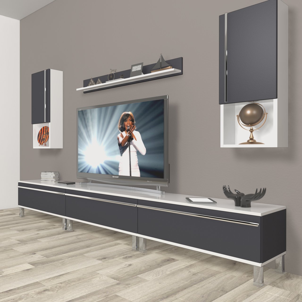 Decoraktiv Eko 270ta Mdf Krom Ayaklı Tv Ünitesi Tv Sehpası Beyaz - Antrasit