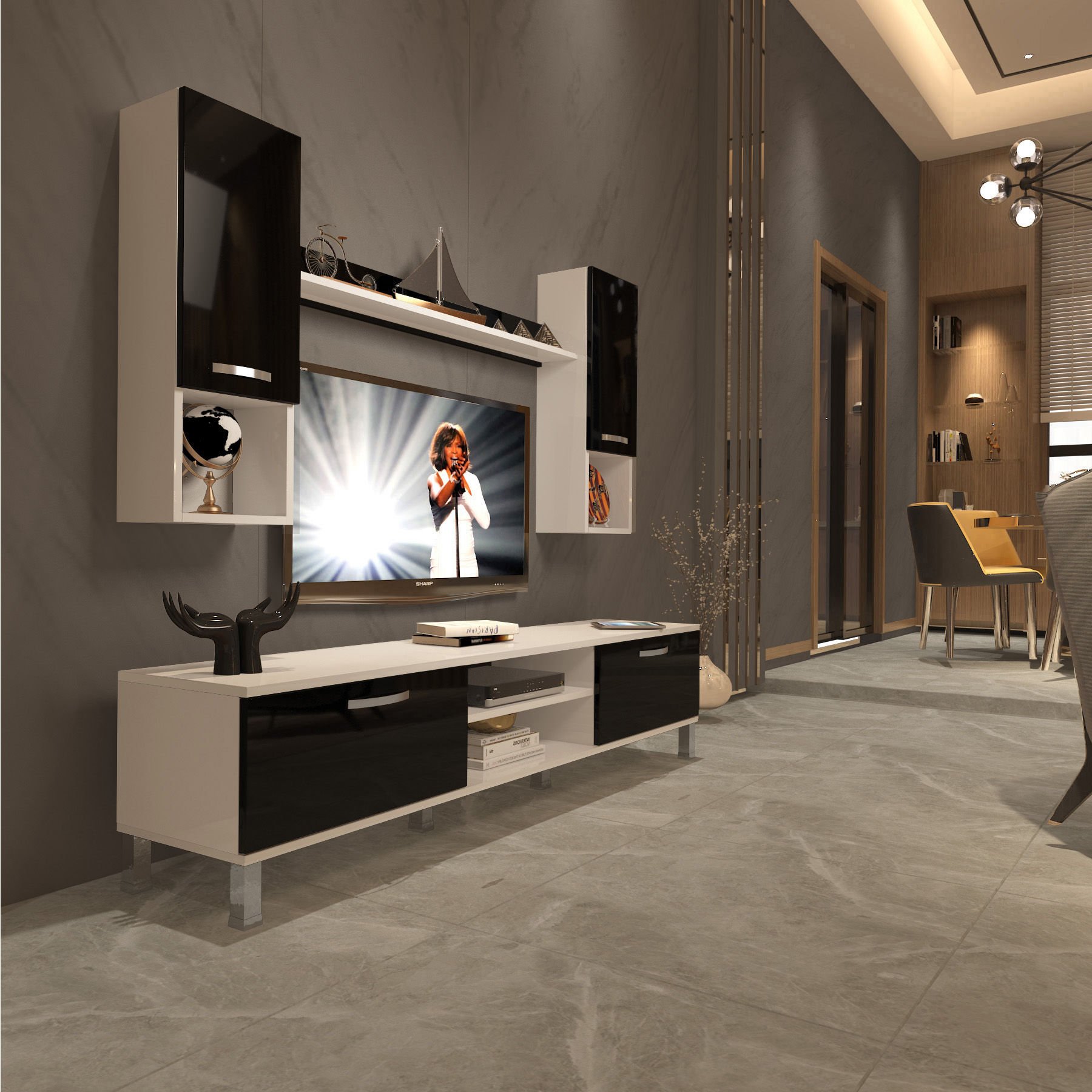 Decoraktiv Eko 5DA Mdf Dvd Krom Ayaklı Tv Ünitesi Tv Sehpası Beyaz - Siyah