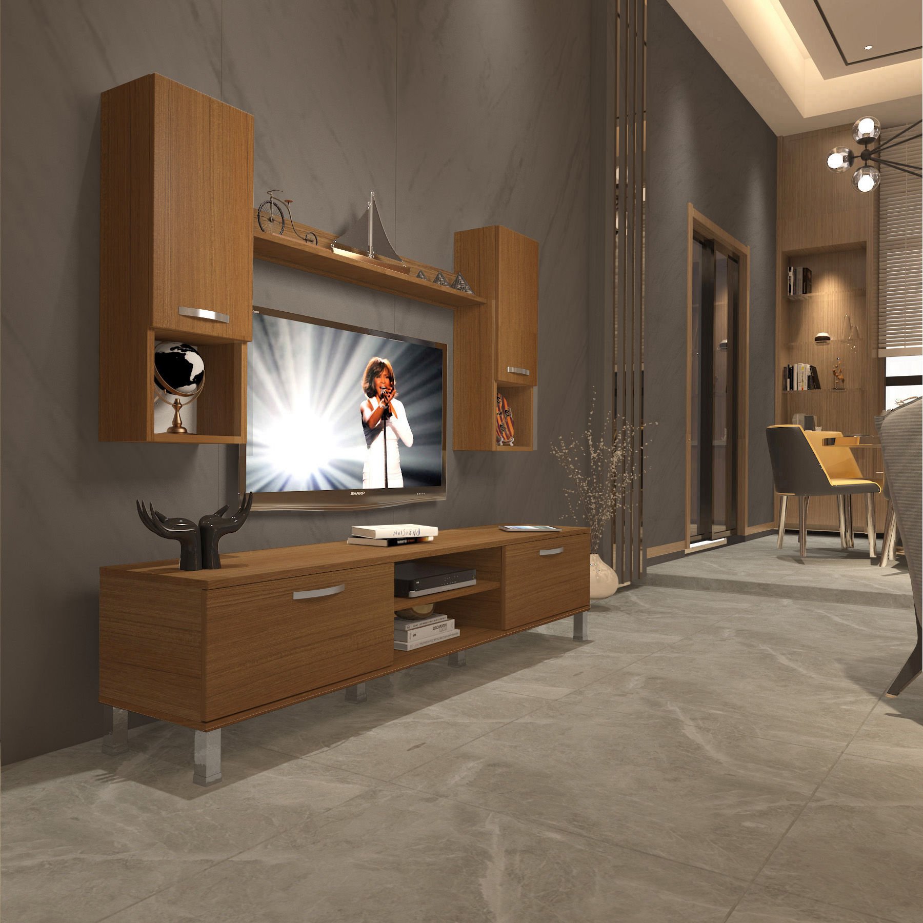 Decoraktiv Eko 5DA Mdf Dvd Krom Ayaklı Tv Ünitesi Tv Sehpası Ceviz