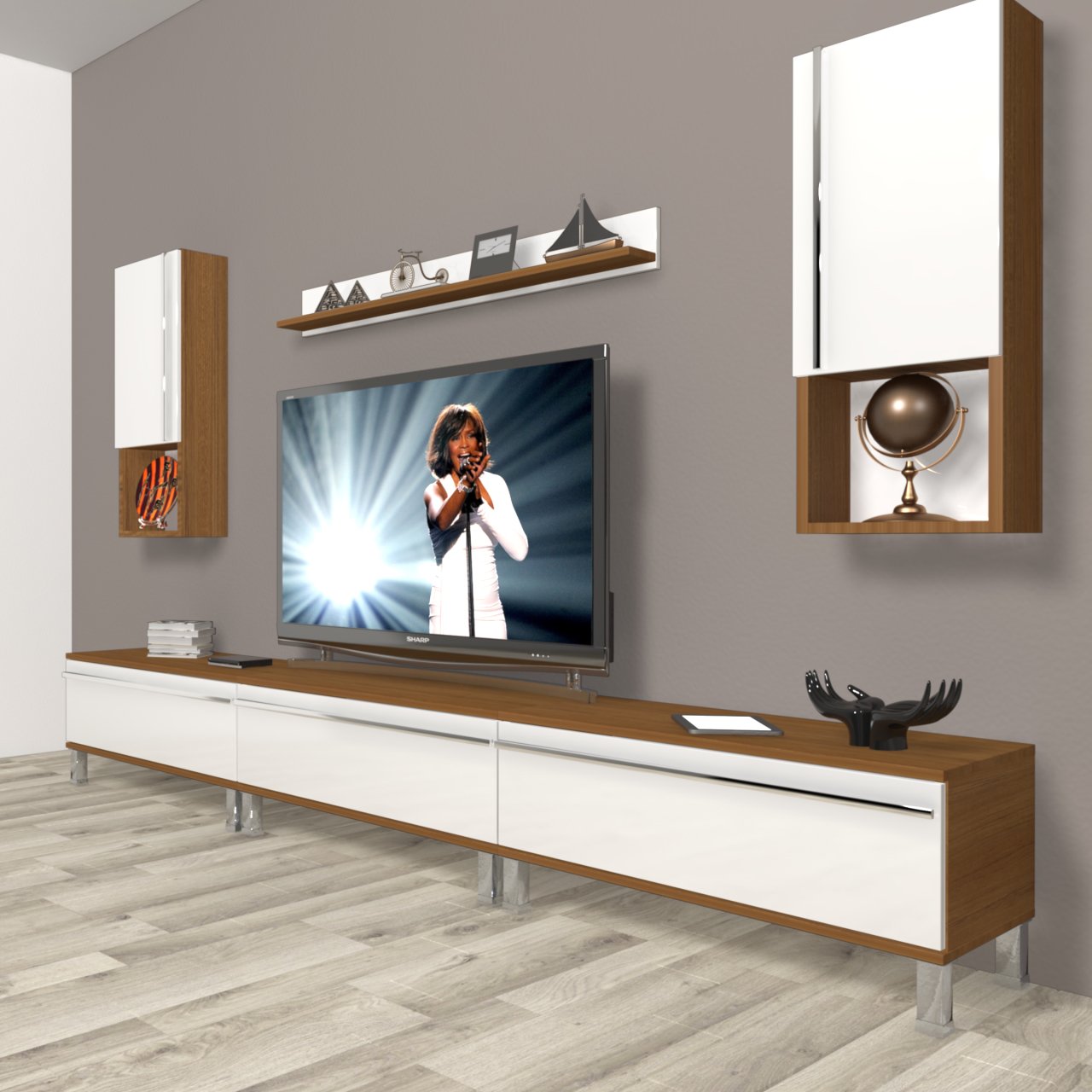 Decoraktiv Eko 270ta Mdf Krom Ayaklı Tv Ünitesi Tv Sehpası Ceviz - Beyaz