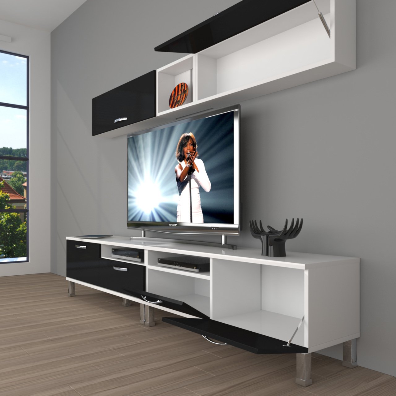 Decoraktiv Eko 5200 Slm Krom Ayaklı Tv Ünitesi Tv Sehpası Beyaz - Siyah