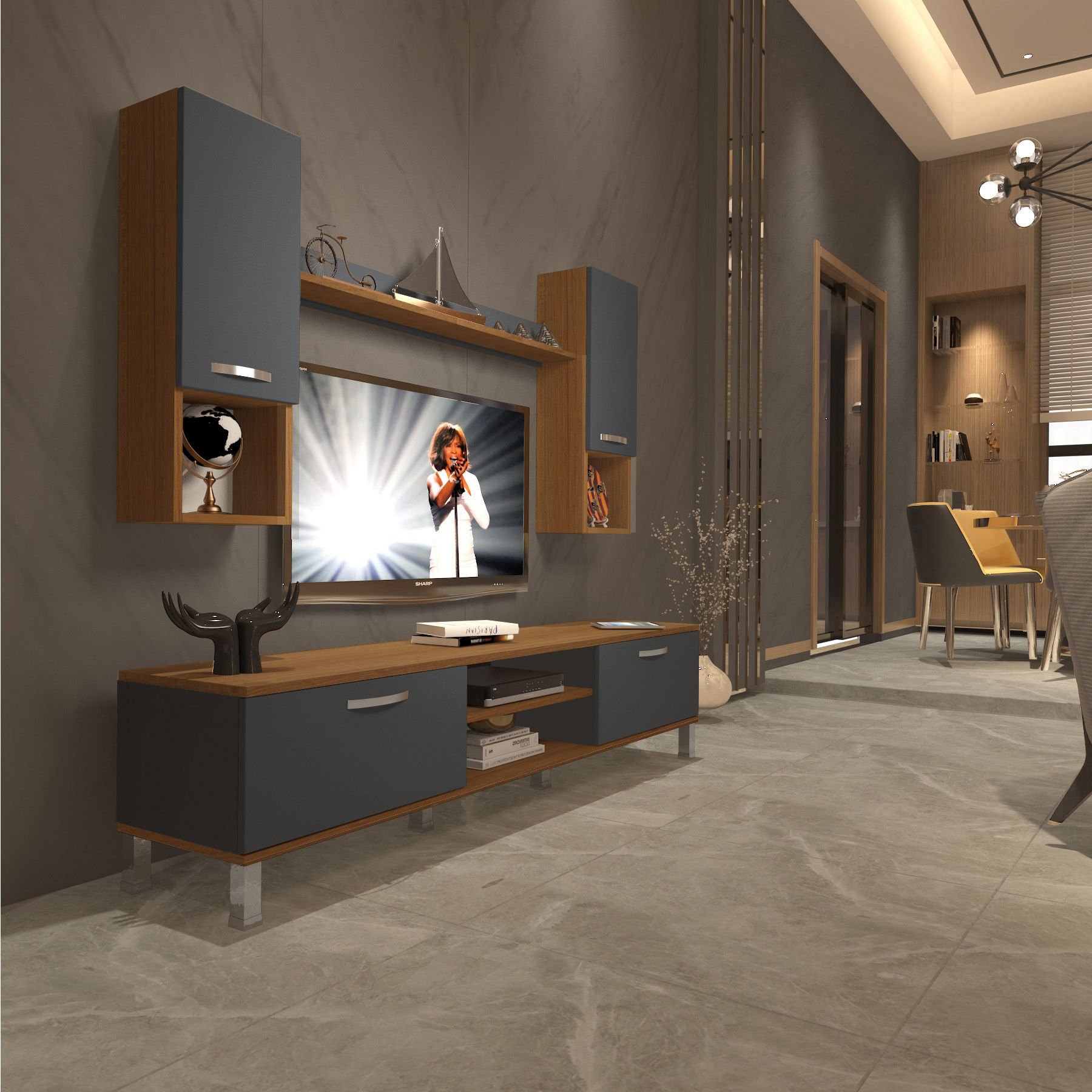 Decoraktiv Eko 5DA Mdf Dvd Krom Ayaklı Tv Ünitesi Tv Sehpası Ceviz - Antrasit