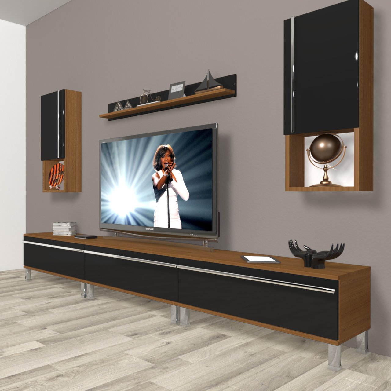 Decoraktiv Eko 270ta Mdf Krom Ayaklı Tv Ünitesi Tv Sehpası Ceviz - Siyah