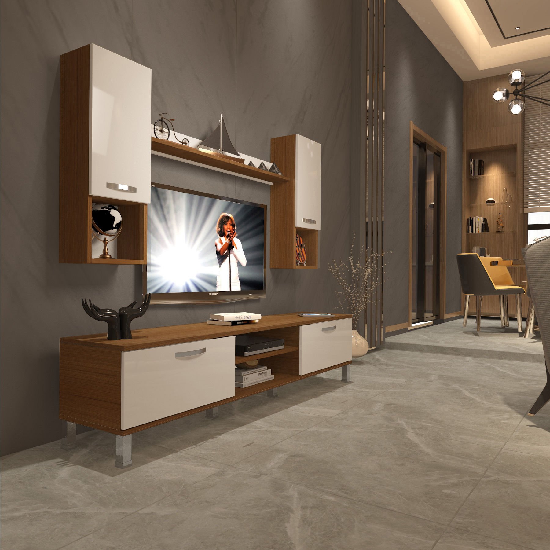 Decoraktiv Eko 5DA Mdf Dvd Krom Ayaklı Tv Ünitesi Tv Sehpası Ceviz - Beyaz