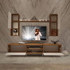 Decoraktiv Eko 5DA Mdf Dvd Krom Ayaklı Tv Ünitesi Tv Sehpası Ceviz - Beyaz