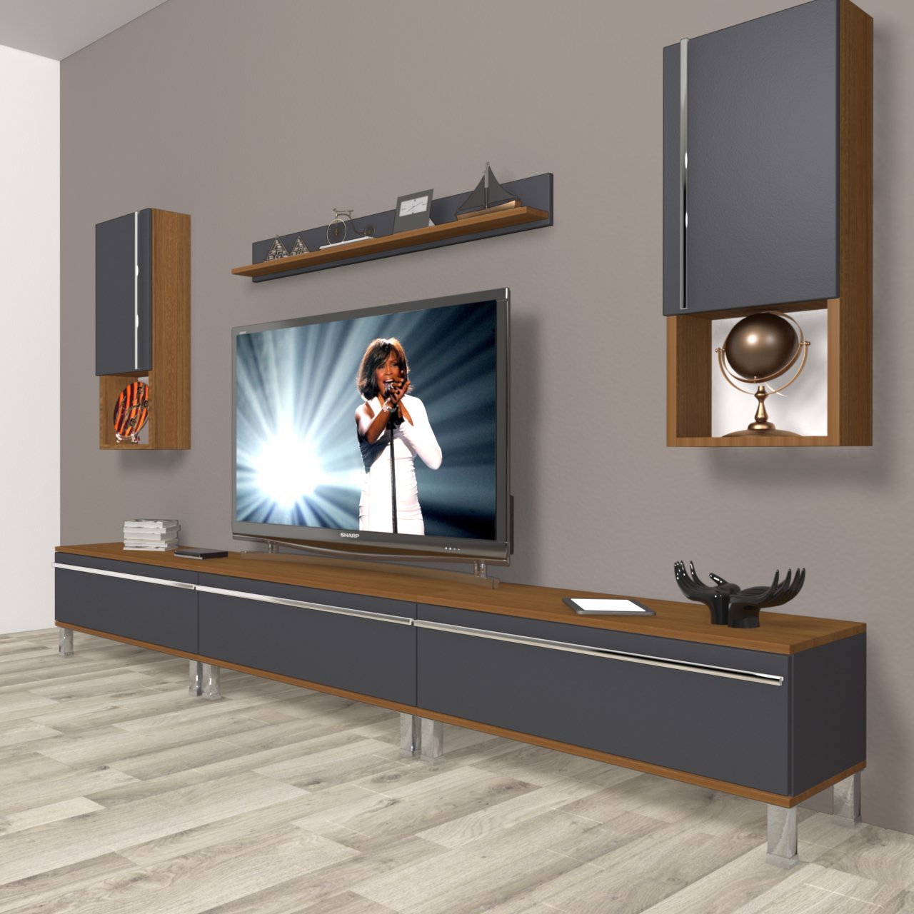 Decoraktiv Eko 270ta Mdf Krom Ayaklı Tv Ünitesi Tv Sehpası Ceviz - Antrasit